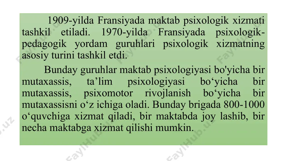 psixologik xizmat tatbiqini o‘rganishga oid qator izlanishlar, amaliy tadbirlar olib borildi. ayniqsa, 1966-yilda chirchiq shahrida axloqiy tarbiyaga oid,1973-yilda andijonda oilaviv tarbiyaga oid, samarqandda taniqli psixolog n.a.menchinskaya ishtirokida aqliy taraqqiyot muammolariga oid olib borilgan izlanishlarni alohida qayd etish mumkin. 1989-yilda o‘zbekistonda amaliyotchi psixologlarning yetishmasligi sababli nizomiy nomli tdpida amaliyotchi psixologlar tayyorlash fakulteti ochildi. o’zbekistonda psixologik xizmatning rivojlanishida m.g.davletshin, g‘.b.shoumarov, e.g‘.g‘oziev, b.r.qodirov, v.m.karimova, z.t.nishanova, f.s.ismagilova, sh.r.baratov, e.n.sattarov, n.s.safaev, f.i.haydarov, x.jalilova va boshqalar hissa qo‘shganlar. 1998- yilda sh.r. baratov “ta’lim tizimida va ishlab chiqarishda psixologik xizmatni tashkil etishning psixologik xususiyatlari” mavzusida doktorlik dissertasiyasini yoqlagan hamda u o’zbekiston psixologlarini o‘z “psixologiya“ jurnaliga asos solgan. ta’lim sohasida psixologik xizmatni tashkil etishning tamoyillari va strukturasi o’zbekiston psixologlari tomonidan olib borilayotgan tadqiqotlar mavjudki, ular qaysidir jihati bilan psixologik xizmat ijtimoiy istiqbollari haqidagi ilmiy-amaliy tasavvurlarimizni shakllantirishga asos bo‘lib xizmat qilishi mumkin. g‘arb ijtimoiy psixologiya namoyandalari tadqiqotlarini quyidagicha izohlash mumkin: v.vundtning 1900-yilda chop etilgan “xalqlar psixologiyasi” nomli yirik epik …