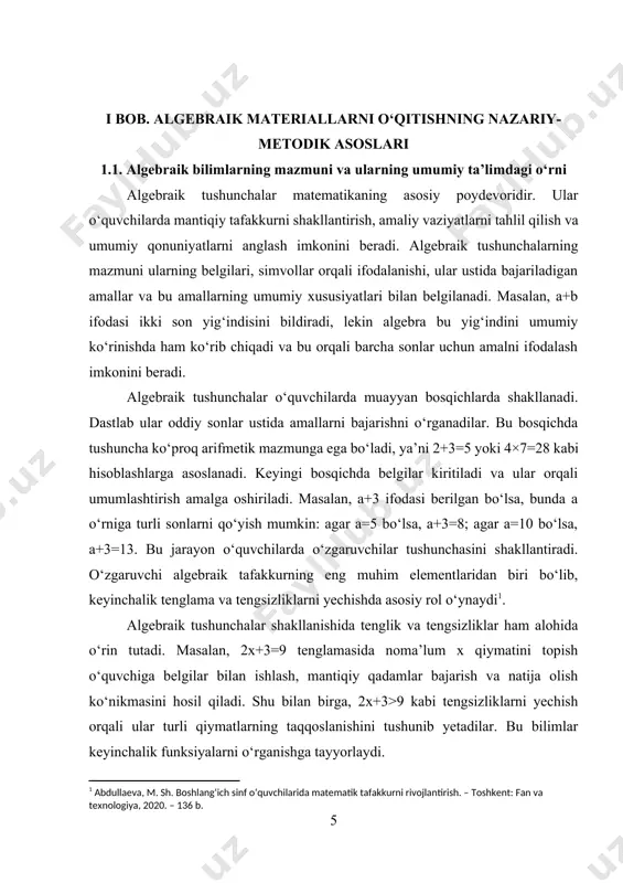 unchalar shakllanishida misol va amaliy vaziyatlar katta ahamiyatga ega. masalan, iqtisodiy masalalarda “narx” va “miqdor” tushunchalari ko‘pincha algebraik ifodalar orqali ifodalanadi. agar bir dona mahsulot narxi p so‘m bo‘lsa va n dona mahsulot sotib olinsa, umumiy xarajat c=p×n formula orqali hisoblanadi. shu orqali o‘quvchilar algebra nafaqat nazariy fan, balki hayotiy muammolarni hal qilish vositasi ekanini tushunib yetadilar[footnoteref:2]. [2: abduraxmonova, d. o‘quvchilarning mustaqil fikrlash faoliyatini o‘stirishda didaktik o‘yinlarning o‘rni // boshlang‘ich ta’lim, 2021, №5. – b. 45–49.] algebraik tushunchalarning shakllanishi bosqichma-bosqich amalga oshiriladi: avval konkret sonlar ustida amallar, keyin belgilar orqali umumlashtirish, so‘ngra o‘zgaruvchilar, tenglamalar, tengsizliklar, funksiyalar, progressiyalar va boshqa murakkabroq tushunchalarga o‘tish. bu jarayon davomida o‘quvchilar oddiydan murakkabga, konkret misollardan umumiy qonuniyatlarga o‘tadilar. shu tariqa algebraik tushunchalar nafaqat matematik bilimlar tizimini tashkil etadi, balki o‘quvchilarning mantiqiy tafakkurini shakllantiradi, ularni mustaqil fikrlashga o‘rgatadi va turli fanlarni o‘zlashtirishda zarur bo‘lgan nazariy asosni yaratadi. algebra umumiy ta’lim tizimida o‘quvchilarning intellektual rivojlanishi va mantiqiy …
