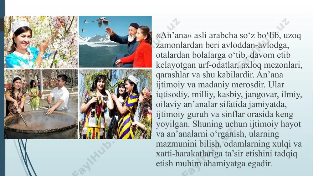 susiyatlari hisobga olingan. ayrimlariga noaxloqiy xatti-harakatlarning yomonligi qur’oni karim, hadislardan misollar keltirish, hikoyalar aytib berish orqali ifodalansa, ayrim yoshdagi bolalar ota-ona, aka-uka, opa-singil, qo‘ni-qo‘shnilarning ijobiy xatti-harakatlari namunasida tarbiyalangan. biz ajoyib yozuvchilar, olimlarning biografiyalariga nazar tashlar ekanmiz, ularning o‘sib yuksalishi-da, insoniyat tarixida buyuk kishilar bo‘lib etishishlarida buvi va buvalarning katta hissasi borligini ko‘ramiz. hamza, oybek, hamid olimjon, g‘afur g‘ulom, quddus muhammadiy kabi atoqli adiblarimiz asarlarida xalq og‘zaki ijodiyotining ta’siri beqiyos ekanligini yaxshi bilamiz. hamid olimjon bolalik kunlarida buvisidan tinglagan ertaklari va ularning ta’sir kuchini shunday eslaydi: bolalik kunlarimda, uyqusiz tunlarimda, ko‘p ertak eshitgandim, so‘zlab berardi buvim. ...buvimning har qissasi, har bir qilgan hissasi fikrimni tortar edi. havasim ortar edi mehnat baxt keltiradi xalqimiz mehnatni bosh tarbiyachi deb ataydi. sababi inson tarbiyasi asosan mehnatga bo‘lgan munosabatlariga qarab belgilanishi bejiz emas. mehnat hayot demakdir. mehnat, baxt kalitidir. mehnat tarbiyasi esa tarbiyaning mag‘zini, mehnatkashlarning tarbiyaviy faoliyati mazmunini tashkil qiladi. hamma xalqlarning eng ilg‘or an’analari …