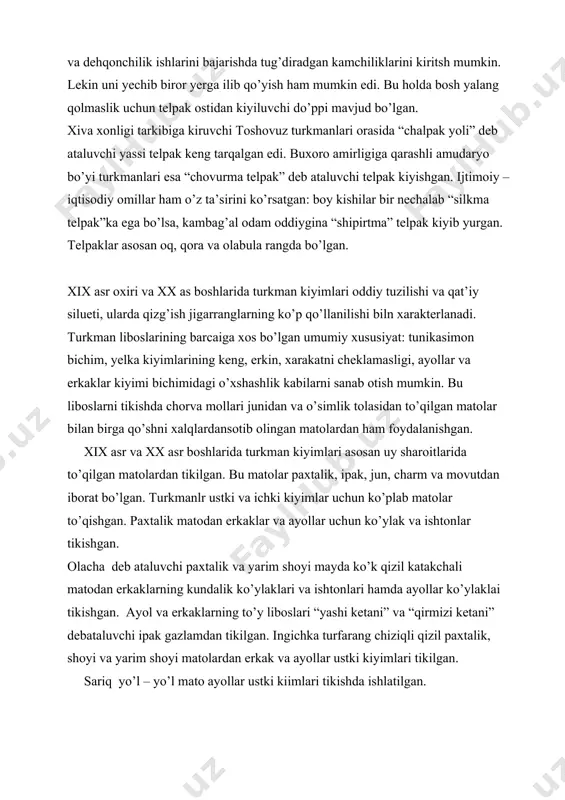 i tikishgan. ayol va erkaklarning to’y liboslari “yashi ketani” va “qirmizi ketani” debataluvchi ipak gazlamdan tikilgan. ingichka turfarang chiziqli qizil paxtalik, shoyi va yarim shoyi matolardan erkak va ayollar ustki kiyimlari tikilgan. sariq yo’l – yo’l mato ayollar ustki kiimlari tikishda ishlatilgan. erkaklar ustki kiyimi – chakmon tuya junidan to’qlgan dag’al., yupqa tabiiy bo’yoqqa bo’yalgan matodan tikilgan. chorvachilik va tuyachilik rivojlangan hududlarda junli matolar ko’p ishlab chiqarilgan. shuningdek turkmanlar boshqa o’rta osiyo xalqlari tomonidan ishlab chiqarilgan matolardan ham foydalnishgan. bayram liboslarini o’zbeklarning shoyi matosidan tikishgan. o’zbeklarning chit matosiga ham turkmanistonda talab katta bo’lgan. kaspiy dengizi sharqiy qig’oqlari va janubiy chegaralarda istiqomat qiluvchi turkmanlar ozarbayjon va eron marolaridan ham foydalanishgan. erkaklar kostyumi majmuasi. erkaklar kostyumi tarkibiga: ko’ylak ishton; paxta bilan qavilgan to’n, astarli va astarsiz; qish mavsumi uchu mo’ynali chakmonlar; bel kiyimlari – ustki ishtonlar; bosh kiyimlari – do’ppilar mo’ynali telpaklar; trli ko’rinishdagi poyabzallar – kalishlar va charm etiklar. erkaklar ko’ylagi …