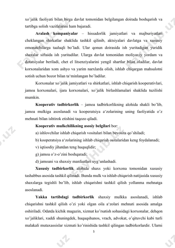 ardir. ularni egasi cheklanmagan ma‘suliyatga ega bo’lib, faqat daromad solig’i to’laydilar. tadbirkorlik faoliyatini amalga oshirishning muhim shakllaridan biri hissadorlik (aktsionerlik) jamiyatlaridir. aktsiya chiqarish va uni erkin joylashtirish hissadorlik munosabatlarining muhim tomonlaridan birini tashkil qiladi. aktsiya – bu uning egasi hissadorlik jamiyati kapitaliga o’zining ma‘lum hissasini qo’shganligiga va uning foydasidan dividend shaklida daromad olish huquqi borligiga guvohlik beruvchi qimmatli qog’ozdir va korxonani boshqarish huquqini ham beradi. aktsiya tovar sifatida sotiladi va sotib olinadi, u narxga egadir. aktsiyada ifodalangan pul summasi uning nominal qiymati deyiladi. aktsiyaning fond bozorida sotiladigan narxi aktsiya kursi deb atalib, u olinadigan dividend miqdoriga to’g’ri mutanosib, foiz miqdoriga esa teskari mutanosiblikda bo’ladi. xaridor aktsiyani undan olinadigan daromadi bankka quyilgan puldan keladigan foizdan kam bo’lmagan taqdirdagina sotib oladi. aktsiya kursi quyidagicha aniqlanadi: ак =д / фс х 100% (1), bu yerda: ak – aktsiya kursi; d- dividend; fs – ssuda foizi. ssuda foizi o’sganda aktsiya kursi tushadi. agar dividend …