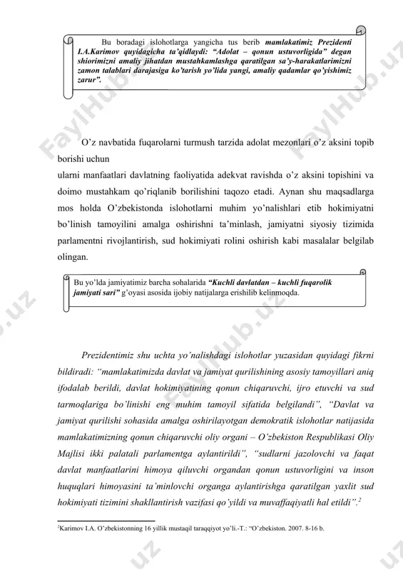 oshishiga olib keladi. bu davlat organlari faoliyatini qonuniy asosda chegaralash, ularning vakolatlarini aniqlashtirishga xizmat qiladi. doimiy asosda ishlaydigan quyi – qonunchilik palatasi ko’ppartiyaviylik, muqobillik asosida shakllantirilishi demokratiyaning yorqin ifodasi bo’ldi. qonunchilik palatasi deputatlarining ma’lum qismi avvalgi parlamentda faoliyat yuritgan xalq vakillaridir. parlament maktabini o’tagani sababli ularning bilimi, to’plagan tajribasi yangi parlament faoliyatiga ijobiy ta’sir etishiga shubha yo’q. professional asosda doimiy ishlaydigan parlament o’zbekiston tajribasida ilk bor shakllantirilib, hozirgi kunda samarali faoliyat yuritmoqda. albatta, uning tajribasi ham, ish samaraligi ham borgan sari ortib, yangi-yangi vazifalarni bajarish salohiyati yuksalib boradi. prezidentimiz tomonidan qonunchilik palatasi vakolat va huquqlarini kengaytirish masalasi ilgari surilayotgani ham bejiz emas. bundan tashqari, prezident tomonidan asosiy vazifalar qatorida sud hokimiyati mustaqilligi va erkinligini mustahkamlashga qaratilgan izchil chora-tadbirlarni shuningdek, qonun chiqaruvchi, ijro etuvchi va sud hokimiyatlari vakolatlarini aniq belgilash, ular o’rtasidagi muvozanatning mutanosibligi va barqarorligiga erishish imkonini yaratdi. hozirgi vaqtda mamlakatimiz boshqaruv tizimida demokratik davlatlar tajribasida sinalgan qonun chiqaruvchi, ijro …