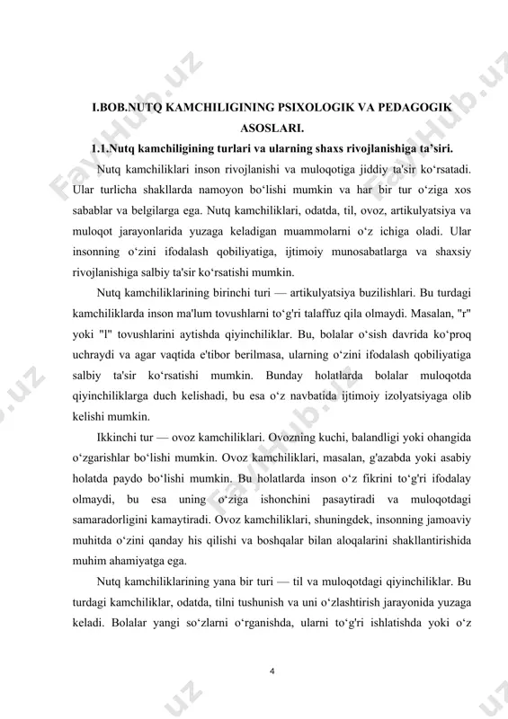 . genetik omillar, ekologik sharoitlar, o‘zaro munosabatlar va ta'lim jarayoni — bularning barchasi nutq kamchiliklarining yuzaga kelishiga ta'sir qiladi. shuningdek, muloqotdagi kamchiliklar psixologik omillar, masalan, stress yoki depressiya bilan ham bog'liq bo‘lishi mumkin. bunday holatlarda inson o‘z fikrlarini ifodalashda qiyinchiliklarga duch kelishi va natijada ijtimoiy izolyatsiyaga olib kelishi mumkin.nutq kamchiliklari shaxs rivojlanishiga jiddiy ta'sir ko‘rsatishi mumkin. ular insonning o‘ziga bo‘lgan ishonchini pasaytiradi, muloqotdagi faolligini kamaytiradi va do‘stlik munosabatlariga salbiy ta'sir qiladi. muloqotda qiyinchiliklar, shuningdek, o‘qish va yozish jarayonlariga ham ta'sir ko‘rsatishi mumkin, bu esa akademik muvaffaqiyatga salbiy ta'sir qiladi.nutq kamchiliklarini bartaraf etish uchun turli xil usullar mavjud. logopediya, psixologik yordam, shuningdek, oilaviy va ijtimoiy qo‘llab-quvvatlash — bular nutq kamchiliklarini bartaraf etishda yordam berishi mumkin. nutqni rivojlantirishda muhim ahamiyatga ega bo‘lgan mashqlar va o‘yinlar orqali bolalarning o‘zlarini ifodalash qobiliyatini yaxshilash mumkin. shuningdek, ijtimoiy muhitda faol ishtirok etish, do‘stlar bilan muloqot qilish va o‘z fikrlarini erkin ifodalash imkoniyatlarini yaratish ham muhimdir.nutq kamchiliklari …