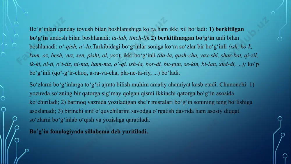 al bo’lmagan gaplarning intonatsiyalari bir xil emas. 2. nutq ritmi – urg’uli va urg’usiz, cho’ziq va qisqa bo’g’inlarning qo’llanishida vazndoshlik, ohangdoshlikning mavjud bo’lishi. nutq ritmining badiiy yoki ifodali oqishda, shuningdek, she‘riy misralardagi qofiyadoshlik, ohangdoshlikni ta‘minlashda ahamiyati katta: band ritmi, alliteratsiya ritmi, anafora, emfaza kabilar nutq ritmini ta‘minlovchi muhim vositalar sanaladi. 3. temp - sur‘at, daraja, tezlik. bunday tezlik gap tarkibidagi tovushlar talaffuziga sarflangan vaqt bilan belgilanadi. bunday vaqt gap bo’laklari, ularning o’rni, gapning turi, situatsiya kabi omillar ta‘sirida har xil bo’ladi. masalan, darak gaplarda gap boshida kelgan ega talaffuzida temp sekinroq bo’ladi, bu temp kesim sostavida tezlashadi. agarda ega logik urg’u olsa, uning talaffuzidagi temp kuchayadi. so’roq gapda eganing talaffuzidagi tezlik darak gapdagi eganikidan bir oz ortiq bo’ladi, kesim talaffuzidagi tezlik esa nisbatan kamayadi. buyruq gaplarda temp gap oxiriga tomon tezlashib boradi, ammo oxirgi so’z talaffuzidagi tezlik keskin pasayadi. 4. nutq, intensivligi - talaffuzning kuchli va kuchsiz bo’lishi. nutq intensivligi, …
