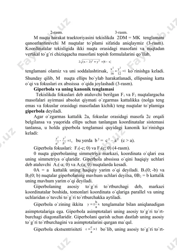 . masala shartiga binoan km = am (7-rasm). berilgan aylana radiusi 0k=2 ekanligini va km = 0m – 0k tenglikni hisobga olsak, koordinatalarda quyidagi tenglamani olamiz: x2 + y2 - 2 = |x| yoki y 2 = 4 |x| + 4. ushbu tenglama uchlari (-1; 0) va (1; 0) nuqtalarda, fokuslari koordinatalar boshida, direktrisalari mos ravishda x = -2 va x = 2 to`g`ri chiziqlardan iborat, abssissa o`qi simmetriya o`qi bo`lgan parabolalarni ifodalaydi (7-rasm). y y b a 0 r x x m000 m x=8 4 m 0 2 x y d m a1 a2 b2 b1 f2 f1 y x 0 0 y x a1 a2 b2 0 x y f2 f1 b1 d d( 0 f x y a x k m y 0 _1406379574.unknown _1406379578.unknown _1406379582.unknown _1406379584.unknown _1406379586.unknown _1406379587.unknown _1406379585.unknown _1406379583.unknown _1406379580.unknown _1406379581.unknown _1406379579.unknown _1406379576.unknown _1406379577.unknown _1406379575.unknown _1406379570.unknown _1406379572.unknown _1406379573.unknown _1406379571.unknown _1406379568.unknown _1406379569.unknown _1406379567.unknown