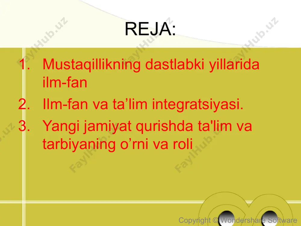 markalar doirasida jami 4000 dan ortiq ishlanmalar taqdim etildi. copyright © wondershare software arxeologiya fani sohasida ham ma’lum siljishlar bo‘ldi. 2002-yildan “o‘zbekistonda arxeologik tadqiqotlar” yillik to‘plami, 2010-yildan esa “o‘zbekiston arxeologiyasi” ilmiy jurnali chop etila boshlandi. copyright © wondershare software ilm-fan va ta’lim integratsiyasi. o‘zbekiston fani va ta’limi integratsiyasini ta’minlash borasida ham qator ishlar amalga oshirilmoqda. bu jarayon 2012-yilga qadar fanlar akademiyasi tizimida ilmiy-o‘quv markazlari tashkil etilishi orqali amalga oshirildi. copyright © wondershare software 2012-yildan esa oliy ta’lim tizimida ilmiy sektor rivojini ta’minlash maqsadida fanlar akademiyasining 5 ta ilmiy tadqiqot instituti, 4 ta mintaqaviy ilmiy markazlari ilmiy bo‘linma tarzida qayta tashkil etildi. copyright © wondershare software fanlar akademiyasi tuzilmalarini qisqartirish hamda akademik fan va ta’lim integratsiyasini kuchaytirish maqsadida 2014-yilda 2 ta institut va 1 ta bo‘linma oliy ta’lim muassasalari qoshidagi ilmiy-tadqiqot markazlari sifatida tashkil etildi. copyright © wondershare software ilm-fandagi tub islohotlar. 2016–2017-yillar o‘zbekiston ilm-fanida tom ma’noda tub islohotlar davri bo‘ldi. …