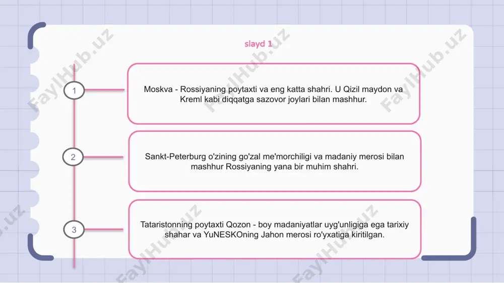 aqlanib qolgan tarixiy binolari va go'zal manzaralari bilan mashhur. slip6 arxeologik dalillar shuni ko'rsatadiki, rossiyadagi qadimiy shaharlar savdo va savdo markazlari bo'lgan, bozorlar gavjum va iqtisodiyoti gullab-yashnagan. bu shaharlar, shuningdek, madaniy va siyosiy kuch markazlari bo'lib, ulug'vor me'morchiligi va ta'sirchan yodgorliklari ularning ta'siri va buyukligini anglatadi. rossiyaning qadimiy shaharlarini o'rganish bizga bu keng va rang-barang mamlakatning boy tarixi va madaniy merosini o'rganish imkonini beradi. 1 2 3 slayd 7 qadimiy velikiy novgorod shahri o'zining boy tarixi va me'moriy xazinalari bilan mashhur. volga daryosi bo'yida joylashgan qozon sharq bilan g'arb bilan tutashgan shahar bo'lib, rus va tatar madaniyati uyg'unlashgan. pskov - rossiyaning yana bir qadimiy shahri, o'rta asr kremli va ajoyib cherkovlari. slayd 8 pskov 10-asrda tashkil etilgan rossiyaning eng qadimgi shaharlaridan biri. u boy meʼmoriy merosga ega, koʻplab oʻrta asr cherkovlari va istehkomlari mavjud. novgorod rossiyaning yana bir qadimiy shahri bo'lib, o'zining tarixiy ahamiyati bilan mashhur. bu novgorod respublikasining poytaxti …
