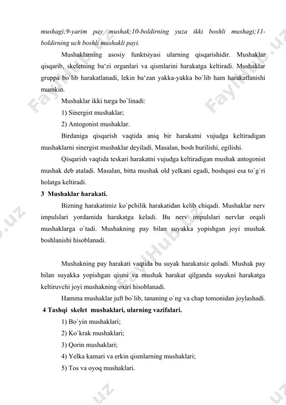 rt boshlimushagi;2-boldir- ning uch boshli mushagi;3-kambalasi- mon mushak;4-ikki boshli mushak; 5-old katta boldir mushagi. 3. son to`rt boshli mushagi. funktsiyasi: qisqarish vaqtida oyoqni to`g`ri holatga keltiradi. u sonning egilishida ham qatnashadi. 4. boldirning uch boshli mushagi. u ikki boshli va kambalasimon mushakdir. boldir mushagi boldirning tashqi tomoni massasini tashkil qiladi. kambalasimon mushak boldir mushagi ostiga joylashgan. funktsiyasi: tovonlarni ko`tarish, oyoq kaftlarini egishda xizmat qiladi. bulardan tashqari quyidagilar mavjud: 1. sonning ikki boshli mushagi; 2.boldir mushagi; 3. katta son mushagi; 4. tovonni eguvchi mushak. adabiyotlar: 1.дунаевская г.н., коблякова в.б. , ивлева г.с .размерная типология населения с основами анатомии и морфологии , москва, легкая индустрия, 1975. 2. синельников р.д. учение о костях, суставах, связках и мыщцах. атлас анатомии человека. , москва, госмедиздат, 1978 ; 3.babayeva r.x “amaliy antropologiya asoslari va biomexaniqa” fanidan darslik t. “voris-nashriyot”2009