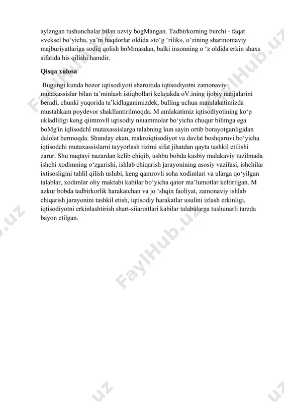 ib, ishlab chiqarishga keng spektrdagi y o ‘nalish!ar bo‘yicha yangiliklar kiritadi, y a’ni novatorlik g ‘oyalarini o‘zlashtirish, hozirgacha m a’lum bo'lm agan mahsulotlarni yaratish, yangi, istiqbolli resurslarga egalik qilish, kapitalni qo‘yish uchun yangi sohalarni tanlash, ilg‘or tarmoqlarni rivojlantirish kabilarni amalga oshiradi. tadbirkor uchun ijodiy faoliyat xayolning cheksiz parvozi emas, u hamma vaqt aniq muhitda qilinadigan qarorlar bilan bog‘liq bomadi, sarf-xarajatlarni natija bilan taqqoslash va xo‘jalik yuritishning eng kamxarajat yomlarini topish, bugungi kunning tadbirkori uchun xos bomgan xususiyatdir. 3. m a’naviy-axloqiy, kuchli fuqarolik jamiyatini qurish jarayonida tadbirkor faoliyati rivojlanishining shart-sharoitlari hozirgi davrda bozor iqtisodiyoti dunyoning ko‘pchilik mamlakatlari uchun xos bomib, u turli mamlakatlarda har xil darajada va o ‘ziga xos xususiyatlar bilan amal qilmoqda hamda rivojlanmoqda. bu iqtisodiyotning amal qilish mexanizmi ko‘plab asrlar davomida tarkib topib, shakllanib, hozirgi davrda madaniylashgan shaklni kasb etdi va ko‘pgina mamlakatlarda hukmron iqtisodiy tizimga aylandi. bozor iqtisodiyoti - bu tovar ishlab chiqarish, ayirboshlash va pul muomalasi …