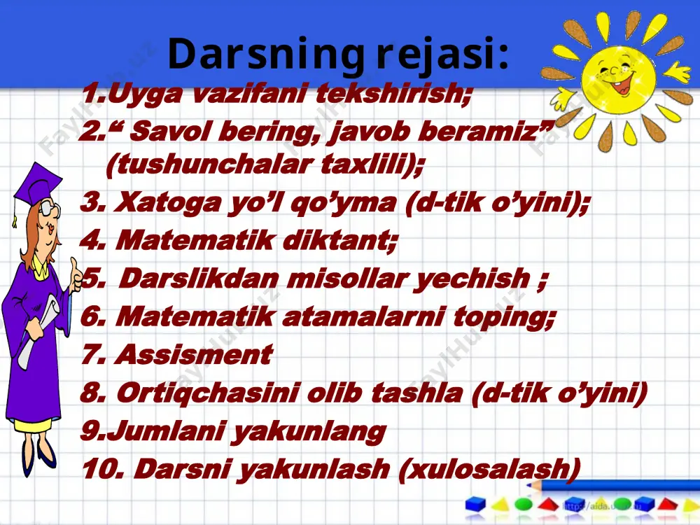 x+?)²=?+?+4 (?-0,2)(2x+?)=?-0,04 -?²=(?³-a)(m³+?) 81a²+=(9a-)( 9a-) (a+3)²=a²+6a+9 (x+2)²=x²+4x+4 (2x-0,2)(2x+0,2)=4x²-0,04 12 matematik diktant ko’paytirishni bajaring o`zingizni tekshiring: 1. (a-2)(a+2)= 2. (3y-1)(3y+1)= 3. (d-a)(a+d)= 4. (a-5)(5+a)= 5. (2m-3n)(2m+3n)= a²-4 3y²-1 d²-a² a²-25 4m²-9n² darslikdan misollar yechish 355(2,4)-356(2,4) va 357(2,4) misollar guruhlash usuli matematikaga mos atamalarni toping denomiator rational fraction ne-gative number board book friend teacher pupil girl boy pencil lesson diagram equation 15 виленкин н.я. математика 6. №38. -2ᶟ=8 (5x)³=125x³ 2⁵=32 3⁴=81 10²=100 4³=64 ortiqchasini olib tashlang ortiqchasini olib tashlang addition positevely triangle healthe family graphic xulosalar: jumlani yakunlang: ko’phadni guruhlash usuli bilan ko’paytuvchilarga ajratish uchun … ko’phadning hadlarini ular ko’phad shaklidagi umumiy ko’paytuvchiga ega bo’ladigan qilib guruhlarga ajratiladi bu umumiy ko’paytuvchi qavsdan tashqariga chiqariladi darsni xulosalash harakat qildim hammasiga erishdim. harakat qildim hammasiga erisha olmadim. harakat qilmadim. uyga vazifa 359(1,3)-360(1,3)-misollar image2.gif image3.gif image4.wmf image5.png image6.png image7.gif image8.gif image9.gif image10.gif image11.png image12.png image13.png image14.png image15.png image16.jpeg image17.wmf image18.png media1.wav image20.png image19.png image21.png image23.png …