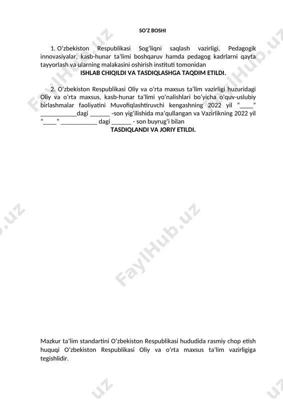 ng majburiy minimumi va kasbiy tayyorgarlik darajasiga qo‘yiladigan talablar va pirovard maqsadlarini aniqlaydi. ta’lim oluvchilarning o‘quv yuklamalari hajmi va standart talablarini bajarilish nazoratini belgilab beradi. malaka talabi ta’lim oluvchilarning kasbiy tayyorgarligi sifati va kasbiy kompetensiyasini baholashda hamda ta’lim muassasalarini attestasiyadan o‘tkazishda asosiy mezon hisoblanadi. mazkur talablarning bajarilishi professional ta’lim muassasalarining bitiruvchilariga kasbiy ta’limning tegishli darajasini olganligi to‘g‘risida davlat namunasidagi hujjat berilishi uchun asos hisoblanadi. malaka talabi ta’limni boshqarish davlat organlari va ta’lim faoliyati subyektlari tomonidan, idoraviy bo‘ysunishi va mulkchilik shakllaridan qat’iy nazar, tadbiq etilishi majburiydir. ushbu malaka talabi davolash ishi ta’lim yo‘nalishining mutaxassislik (kasb) larining 2020 yil apreldagi № q01.019.1184/б-21-son bilan tasdiqlangan professional standart talablari asosida ishlab chiqildi. 2.kasbiy ta’lim xususiyati mutaxassislik nomi 40910201- feldsherlik ishi kvalifikasiyalar: 1. shoshilinch va tez tibbiy yordam ko‘rsatish stansiyasi (bo‘lim) feldsheri. 2. oilaviy poliklinika feldsher akusheri umumiy o‘rta ta’lim muassasalarining 11-sinf bitiruvchilari hisobidan shakllantirilgan guruhlarda 2 yillik. mutaxassis tayyorlovchi o‘rta professional tibbiy ta’lim dasturining …