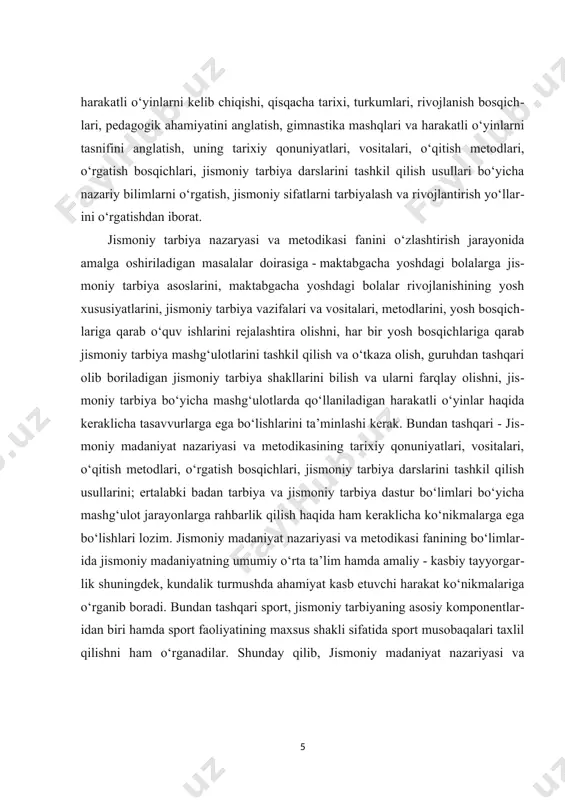 iya va jismoniy tarbiya dastur bo‘limlari bo‘yicha mashg‘ulot jarayonlarga rahbarlik qilish haqida ham keraklicha ko‘nikmalarga ega bo‘lishlari lozim. jismoniy madaniyat nazariyasi va metodikasi fanining bo‘limlarida jismoniy madaniyatning umumiy o‘rta ta’lim hamda amaliy - kasbiy tayyorgarlik shuningdek, kundalik turmushda ahamiyat kasb etuvchi harakat ko‘nikmalariga o‘rganib boradi. bundan tashqari sport, jismoniy tarbiyaning asosiy komponentlaridan biri hamda sport faoliyatining maxsus shakli sifatida sport musobaqalari taxlil qilishni ham o‘rganadilar. shunday qilib, jismoniy madaniyat nazariyasi va metodikasi fani jismoniy madaniyat va sport bo‘yicha mutaxassislar uchun professional ta’limotning ilmiy fundamentiga kirituvchi kengaytirilgan bo‘limlari majmuasini o‘z ichiga oladi. uning ahamiyati faqat bu bilimlar qiymati bilan ifodalanmaydi, u bo‘lg‘usi mutaxassisga jismoniy madaniyatning butun sohalarida kasbiy - faoliyat mazmunini to‘liq tushinishga imkoniyat yaratadi, o‘quvchilarning dunyo qarashlarini o‘zgartiradi, jamiyatning boshqa sohalaridagi mutaxassisliklarning umumiy ish faoliyatlari bilan bog‘laydi va yangi ko‘rinishdagi bilim, usul va metodlarini egallashni, zarur bo‘lgan yuqori darajali professional dunyoqarashini shakllantirishga yordam beradi. jismoniy madaniyat nazariyasi va metodikasi bu …