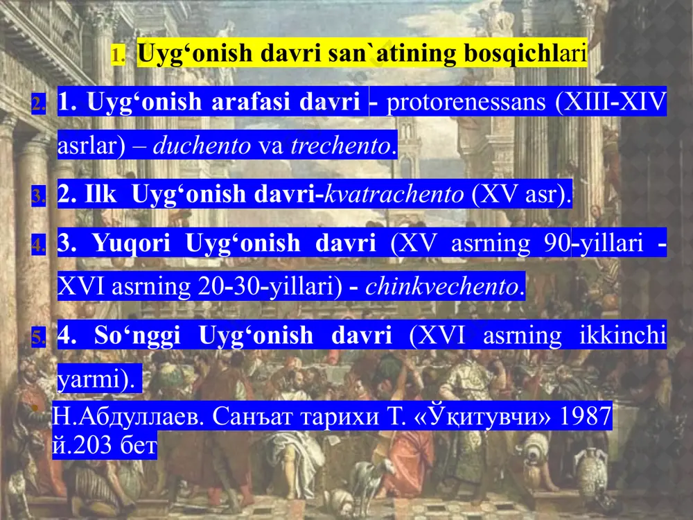 ники искусства возрождения появились в италии в xiv веке. художники этого времени, пьетро каваллини (1259—1344), симоне мартини (1284—1344) и джотто (1267—1337) при создании полотен традиционной религиозной тематики отталкивались от традиции интернациональной готики, однако начали использовать новые художественные приёмы: построение объемной композиции, использование пейзажа на заднем плане, что позволило им сделать изображения более реалистичными, оживленными. это резко отличало их творчество от предыдущей иконографической традиции, изобилующей условностями в изображении. джотто ди бондоне «поцелуй иуды» изобразительное искусство возрождения раннее возрождение наиболее известные художники этого периода: мазаччо (1401—1428), пьеро делла франческо (1420—1492), андреа мантенья (1431—1506), никколо пиццоло (1442-1453), джованни беллини (1430—1516), антонелло да мессина (1430—1479), сандро боттичелли (1447—1515). высокое возрождение сансовино (1486—1570), леонардо да винчи (1452—1519), рафаэля санти (1483—1520), микеланджело буонаротти (1475—1564), джорджоне (1476—1510), тициана (1477—1576), антонио корреджо (1489—1534) позднее возрождение пармиджани́но (1503 - 1540), понтормо (1494 -1557), аньоло бронзино (1503 — 1572), тинторе́тто (1519—1594), эль гре́ко (1541—1614) северное возрождение пи́тер бре́йгель ста́рший (1525 …