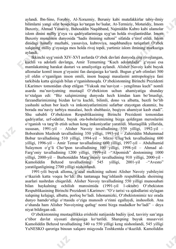 ari, milliy va diniy qadriyatlariga o‘zgacha ehtirom bilan munosabatda bo‘lishi jahon ahli tomonidan eʼtirof etilgan. umuman olganda, maʼnaviy qadriyatlarning tiklanishi xalqning maʼnaviy sarchashmalariga, uning ildizlariga qaytishdan iborat uzviy, tabiiy jarayondir. haqqoniy tarixni tiklash, milliy o‘zlikni anglash, taʼbir joiz bo‘lsa, milliy iftixorni o‘stirish jarayonida g‘oyat muhim o‘rin tutadi. buyuk ajdodlarning hayot yo‘li va jasoratlari tarixiy xotirani jonlantirib, jamiyatda yangi fuqarolik ongni shakllantirishda axloqiy tarbiya va ibrat manbayiga aylanmoqda. 2. o‘zbekiston respublikasining birinchi prezidenti islom karimovning ajdodlar merosi va milliy qadriyatlarni tiklash borasidagi xizmati. o‘zbekistonning birinchi rahbari islom karimov mustaqillik ostonalarida, yaʼni 1990-yil 20-yanvarda toshkent shahar faollari bilan yig‘ilish o‘tkazdi. unda toshkentni yuksak madaniyatli shaharga aylantirish kerakligi, zamondoshlarini emas, kelajak avlod ham u bilan haqli ravishda faxrlanadigan shaharga aylantirish masalasi qo‘yildi. ushbu yig‘ilishda islom karimov shunday degan edi: “tariximiz uchun ham, hozirgi kun uchun ham o‘zbek ishchilarining, o‘zbek dehqonlarining, o‘zbek ziyolilarining uyalishlariga hech bir asos yo‘q. аksincha, ular juda og‘ir sinovlarga, baʼzan …