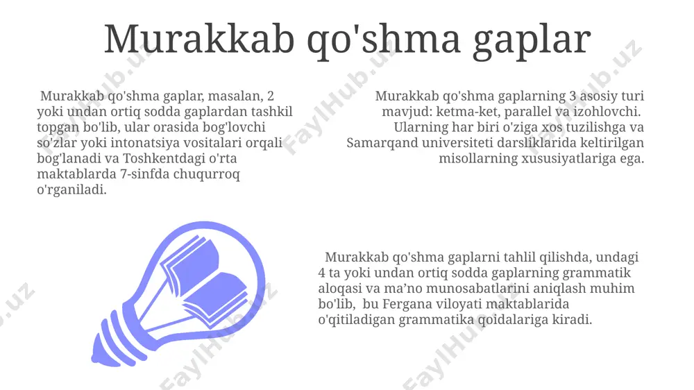ng nutq malakalarini rivojlantirishda 25% samara berishi aniqlangan. murakkab gaplarning sintaktik tahlili murakkab qurilmali gaplarni tahlil qilishda, ularning ichidagi 4 dan ortiq sodda gaplar orasidagi munosabatlarni aniqlash va ularni sintaktik sxemalar orqali ifodalash muhimdir, masalan, andijondagi 7-maktabda o‘qigan o‘quvchilarning yozgan inshosi. murakkab gaplarning tarkibiy qismlarini aniqlashda, ya'ni kesim, ega, to‘ldiruvchi kabi tarkibiy qismlarni ajratishda, samarqanddagi 10-sinf o‘quvchilari o‘tkazgan grammatik tahlillar muhim ahamiyat kasb etadi. murakkab gaplarning sintaktik tahlili 2-3 ta sodda gaplardan tashkil topgan bo‘lib, ular orasida bog‘lovchi yoki intonatsion bog‘lanish mavjud, masalan, toshkentdagi 5-maktabda o‘qigan 2 nafar o‘quvchi darsga kelmadi. murakkab gaplarning turli turlari murakkab qo‘shma gaplarning 2 turi mavjud: bog‘lovchi bilan bog‘langanlar (masalan, "o‘zbekiston katta, ammo tojikiston tog‘li") va bog‘lovchisiz qo‘shma gaplar (masalan, samarqand va buxoro tarixiy shaharlar). qo‘shma gaplarning 5 xili mavjud, jumladan, izohlovchi, qarama-qarshi, ketma-ketlik, sabab-oqibat va shartli qo‘shma gaplar, ularning har biri o‘ziga xos xususiyatlarga ega. murakkab qurilmali gaplar 3 yoki undan ortiq sodda gaplardan …
