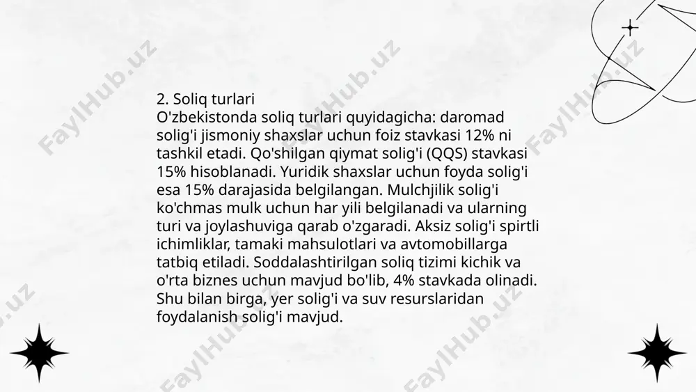 ilardan tushumlarni qabul qiladi va qayta ishlaydi. soliq organlariga vazirlar mahkamasi huzuridagi davlat soliq qo'mitasi rahbarlik qiladi. 2022 yilda o'zbekiston soliqlardan 101 trillion so'm tushum to'pladi. soliq organlari soliq auditlarini o'tkazadi va huquqbuzarliklarni aniqlaydi. ular, shuningdek, soliq bo'yicha maslahatlar berish va soliq majburiyatlari bo'yicha tushuntirishlar taqdim etish mas'uliyatiga ega. soliq organlari korxona va yakka tartibdagi tadbirkorlardan to'g'ri hisobot berilishini talab qiladi. ... t.me/slaydai_bot 10. yigʻim turlari 10. yigʻim turlari quyidagicha ajratiladi: yerni ijaraga olish yigʻimi, mol-mulk soligʻi yigʻimi, suv resurslarini foydalanish yigʻimi, avtomobil yoʻllaridan foydalanish yigʻimi, ekologik yigʻimlar, davlat boj yigʻimi, notarizatsiya faoliyatiga yigʻim, bojxona yigʻimi, davlat xizmatlari uchun yigʻim va litsenziya yigʻimlari. har bir yigʻim turi oʻziga xos ravishda hisoblanadi va tegishli davlat organlariga toʻlanadi. masalan, mol-mulk soligʻi mulkning turiga va qiymatiga qarab olinadi, suv resurslaridan foydalanish yigʻimi esa isteʼmol qilingan suv hajmiga bogʻliq. yigʻimlar davlat byudjetini toʻldirishda muhim ahamiyatga ega. ... t.me/slaydai_bot 11. yigʻimlarni hisoblash tartibi bo'yicha, yig'ımlar …
