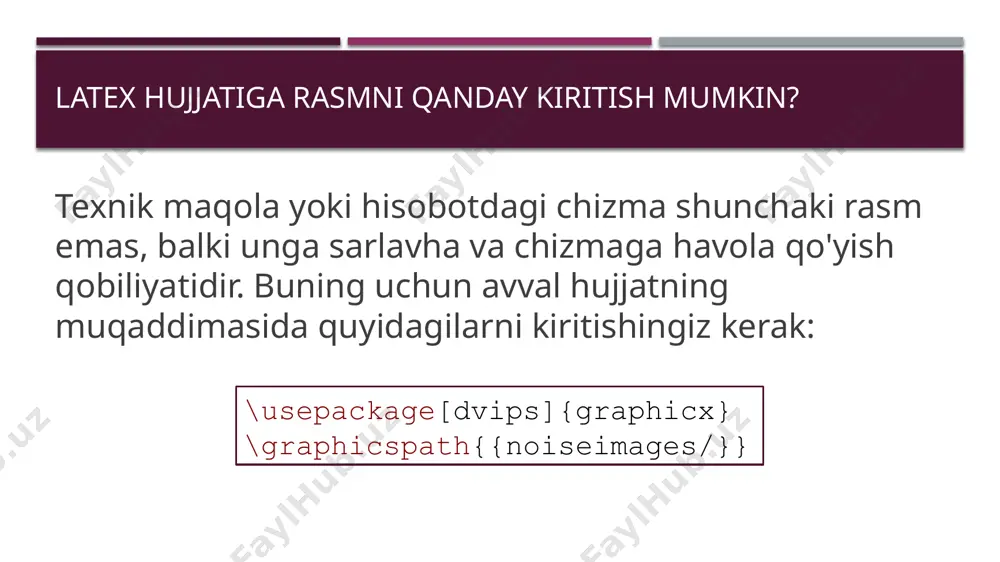 n sarlavhagacha bo'sh joy qo'yishingiz mumkin - unchalik oqlangan bo’lmasada, lekin samarali usul hisoblanadi. bir qatorda ikkita rasm keling, misolni biroz murakkablashtiraylik - har birining ostida bitta imzo bo'lgan ikkita rasmni bir qatorga qo'ying. siz boshqa \includegraphics qo'shishingiz mumkin, lekin rasmlar ostida a) va b) sarlavhalari bo'lishi kerak va ular markazga joylashtirilishi kerak. bunda \begin{minipage} .. \end{minipage} kabi ajoyib muhit mavjud. ya'ni, biz chizish uchun joy ajratamiz va uni ramkaga joylashtiramiz. mana bunday: bu yerda rasmning kengligi 1\linewidth, ya'ni butun chiziq kengligida ko'rsatilgan, lekin chiziq endi 0,49\linewidth kengligida, shuning uchun rasm butun ramkani yarim chiziq o'lchami bilan to'ldiradi. bundan tashqari, har bir rasmdan keyin bo’sh joy va rasmni ko'rsatadigan harf mavjud. rasmlar ostida bitta havola va imzo borligini yodda tutishingiz kerak. \begin{figure}[h] \begin{minipage}[h]{0.49\linewidth} \center{\includegraphics[width=0.5\linewidth]{image} \\ а)} \end{minipage} \hfill \begin{minipage}[h]{0.49\linewidth} \center{\includegraphics[width=0.5\linewidth]{image} \\ б)} \end{minipage} \caption{зависимость сигнала от шума для данных.} \label{ris:image1} \end{figure} \hfill buyrug'i rasmlarni sahifa chetlariga ko'chirish imkonini beradi, go'yo …