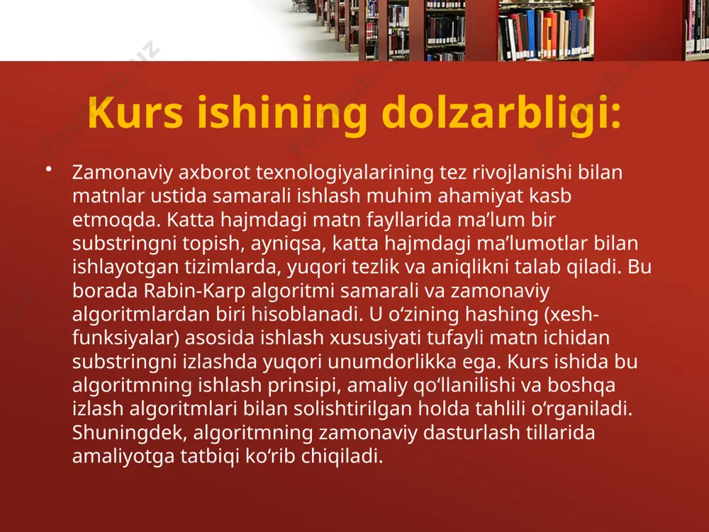 nechta naqshlarni izlashda samarali natija beradi, chunki u har bir substringning xesh qiymatini hisoblab, ularni naqsh xeshi bilan solishtiradi. shu sababli, ko‘p sonli naqshlar orasida moslikni topish osonlashadi. dasturlash tilida uni amalga oshirish oddiy, strukturasi tushunarli. ayniqsa katta matnlar bilan ishlaganda juda foydali. biroq, bu algoritmning kamchiliklari ham mavjud. asosiy muammo — xesh to‘qnashuvlari. turli substringlar ba’zida bir xil xeshga ega bo‘lishi mumkin, bu esa noto‘g‘ri mosliklarni keltirib chiqaradi va qo‘shimcha tekshiruv talab qiladi. yana bir kamchilik — xesh funksiyaning tanlanishiga yuqori bog‘liqlik. noaniq yoki yomon tanlangan xesh-funktsiya algoritmning samaradorligini pasaytirishi mumkin. eng yomon holatda murakkablik o(n*m) bo‘lishi mumkin. shunga qaramay, o‘rtacha holatda va yaxshi xesh-funksiya bilan rabin-karp algoritmi yuqori samaradorlikka ega. uchinchi rasm (turn0image5) — xesh funktsiyalari, rolling‑hash (masalan, “spurious hit”) tushunchalari bilan bog‘liq vizual misollarni ko‘rsatadi. afzalliklari va kamchiliklari tushuntirishda foydali. 2.4. rabin-karp algoritmini tadbiq qilish usullari rabin-karp algoritmini amaliy dasturlarda qo‘llash juda qulay, ayniqsa python, c++, java …