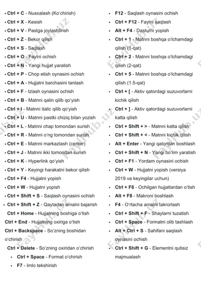 keyboard shortcuts — DOCX