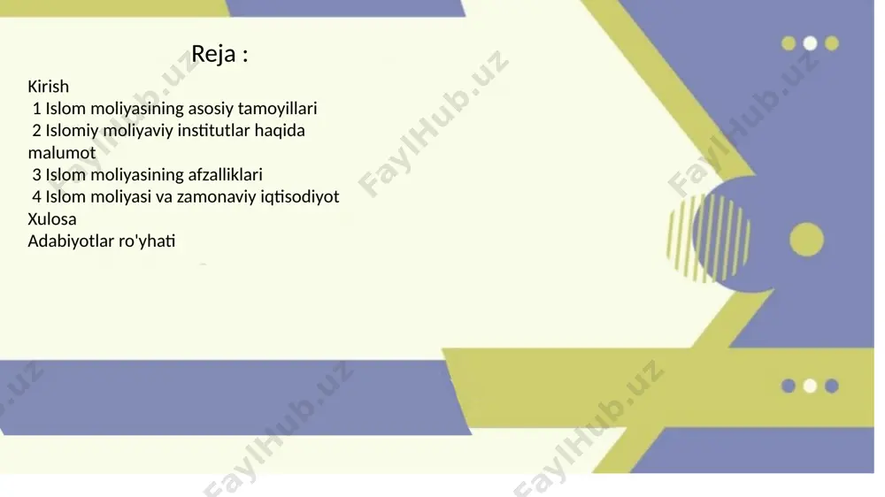 ik" degan ma'noni bildiradi. chunki ushbu o'yinda boshqa bir insonlarning molini oson usulda qo'lga kiritish mavjud. shu sababdan hozirgi kundagi yutuqli lotoreyalarningbarcha turlari qatiyan harom qilingan. murobaha mushoraka mudoraba islomiy moliyaviy institutlar 1 ﻿﻿﻿o'sish sur'ati: 2020-yilga kelib, islomiy banklar global moliya bozorida 2,4 trillion dollarni tashkil etdi, yillik o'sish sur'ati esa taxminan 10-15% ni tashkil etmoqda. 2 ﻿﻿﻿mintaqalar: islomiy banklarning eng ko'p soni yaqin sharq va janubiy osiyo mintaqalarida joylashgan. masalan, saudiya arabistoni va malayziya. 3 ﻿﻿﻿banklar soni: 2023-yil holatiga ko'ra, dunyo bo'ylab 400 dan ortiq islomiy banklar faoliyat yuritmoqda. islomiy sug’urta (takaful) takaful - islom moliyasi tamoyillariga muvofiq mijozlardan sug'urta badallarini jamg'arish va ushbu jamg'arma hisobidan zarar ko'rgan mijozlarga zararlarini qoplashdan iborat. takaful (arab. تكافل o'zaro kafolatlar berish) - islom sug'urtasi. takafulning asosida islom moliyasi tamoyillariga muvofiq ishtirokchilar o'rtasida zararlarni taqsimlash mexanizmi yotadi. takafulning asosiy maqsadi - foyda olish emas, balki fond ishtirokchilariga o'zaro yordam berishdir. takaful uchun asosiy …
