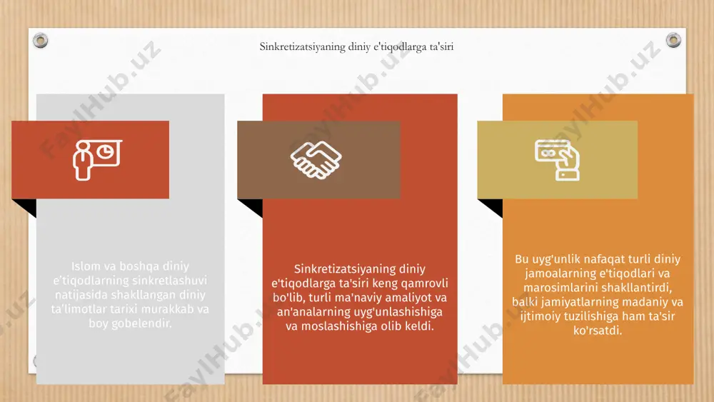 limotlarning shakllanishiga ta'siri turli e'tiqod tizimlarining o'zaro bog'liqligini ta'kidlaydi. bu sinkretizatsiya diniy mafkuralar va teologik tamoyillarning rivojlanishini shakllantirdi. diniy e'tiqodlarning sinkretlashuvidagi siyosiy va ijtimoiy omillar islom va boshqa diniy e’tiqodlarning sinkretlashuvi siyosiy va ijtimoiy omillar ta’sirida shakllangan boy tarixga ega. turli madaniyatlar va ularning diniy an'analarining aralashib ketishi natijasida yangi diniy ta'limotlar paydo bo'ldi. diniy e'tiqodlarning sinkretlashuvida siyosiy va ijtimoiy ta'sirlar katta rol o'ynadi. bosqinchilik, savdo-sotiq va migratsiya g‘oyalar va diniy urf-odatlar almashinuvini osonlashtirib, turli e’tiqod tizimlarining birlashishiga olib keldi. islomning boshqa diniy e'tiqodlar bilan sinxronlashuvi dinamik jarayon bo'lib, siyosiy manzara va ijtimoiy o'zaro ta'sirlar ta'sirida bo'lgan. diniy ta'limotlarning bunday uyg'unligi madaniy almashinuv va mafkuraviy evolyutsiyaning murakkab tarixini aks ettiradi. tarixiy shaxslar va ularning sinkretizatsiyadagi ro’li islom va boshqa diniy e'tiqodlarning sinkretlashuvi natijasida shakllangan diniy ta'limotlar tarixi turli madaniy va ma'naviy an'analarning uyg'unlashuvi bilan ajralib turadigan ajoyib tarixdir. 01 bu jarayonda sinkretizatsiya evolyutsiyasini shakllantirgan, diniy tafakkur va amaliyotning xilma-xilligiga hissa …