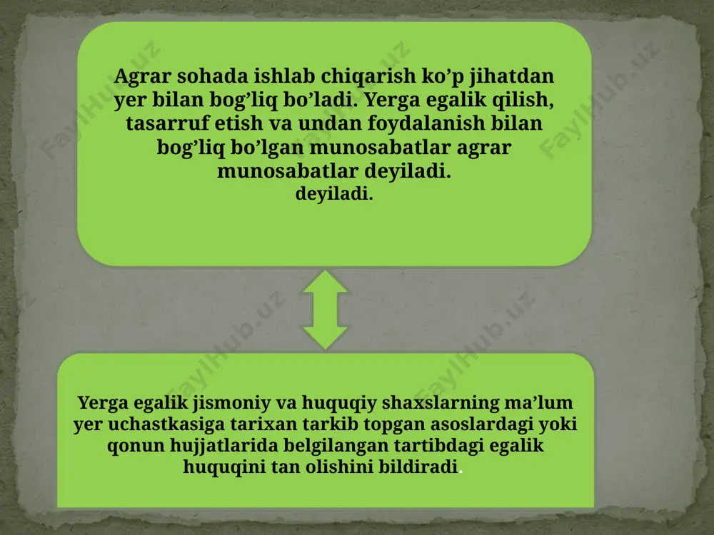 hamda u differentsial renta deb ataladi. shuning uchun qishloq xo’jalik ishlab chiqarishini faqat yaxshi va o’rtacha unumdor yer uchastkalarida tashkil etish bilan cheklanish mumkin emas. qishloq xo’jaligi mahsulotlariga talab ko’p bo’lganligi uchun yomon, kam unumli yerlarda ham ishlab chiqarishni tashkil etish zarurdir. agar ishlab chiqarilgan mahsulot to’lovga qodir talab bilan ta’minlangan bo’lsa, yerning mahsuldorligi yoki joylashuvi jihatidan yomon sharoit qishloq xo’jalik tovarlariga narx shakllanishini tartibga soluvchi ijtimoiy normal sharoit hisoblanadi. natijada o’rtacha yoki yaxshi yerlarda xo’jalik yurituvchi ishlab chiqaruvchilar ustama qo’shimcha mahsulot va binobarin qo’shimcha foyda oladilar. agrosanoat integratsiyasi – qishloq xo’jaligi bilan sanoat, ayniqsa unga xizmat qiluvchi va mahsulotni iste’molchiga yetkazib beruvchi tutash tarmoqlar o’rtasida ishlab chiqarish aloqalarining rivojlanishi hamda ularning uzviy birikish jarayonidir. o’zbekistonda agrar islohotlarning negizini yerga bo’lgan mulkchilik masalasi tashkil etadi. fermer xo`jaliklarini qo`llab-quvvatlash yo`nalishlari. moliya_- kredit va soliq imtiyozlari erlarning miliorativ holatini yaxshilashni qo`llab-quvvatlash davlat buyurtmasi orqali qo`llab-quvvatlash keyingi yillarda fermer xo`jaliklarini moliyaviy qo`llab-quvvatlash tizimini …