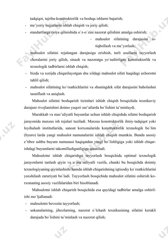 i – yangi yo`nalish mustaqil o`zbekiston respublikamizda bozor iqtisodiyoti shakllanayotgan bir davrda «sifat» so`zi katta ahamiyat kasb etmoqda, chunki mahsulot sifati korxonalarimiz ishlab chiqarayotgan mahsulotlarimizning jahon bozoriga chiqishini kafolatlaydi, bizning mustaqil davlatimizni eksport saloxiyatini, xalq farovonligini, korxonalarni mu’tadil iqtisodiy muvaffaqiyatlarini, uning mahsulotlarini jafon bozorida raqobatbardoshigini aniqlaydi. shuning uchun «sifat» so`ziga butun jahondagina emas, balki bizda ham juda katta ahamiyat berilmoqda. eksportni kengaytirish va valyuta hamda to`lov balansini kengaytirish masalalari ustivor vazifalardan bo`lib, hech bir korxona o`z mahsulotini eksport qilish evaziga respublikaga valyuta olib kirmasa, u o`zini mahsulotini qonikarli deb hisoblashga haqqi yo`q. o`z-o`zidan ma’lumki, sifatli mahsulotni ishlab chiqarmay turib, eksport imkoniyatini kengaytirish mumkin emas, eksport qilinayotgan mahsulotlarga xalqaro miqyosda tan olingan sertifikatlar yo`kligi bundan ham mushkulroq masala bo`lib qolmoqda. xxi asr evropa sifat tashkiloti, standartlashtirish bo`yicha xalqaro tashkilot iso kabi xalqaro tashkilotlar tomonidan «sifat asri» deb tan olingan. sifat tom ma’noda, jamiyatda mehnatni yuqori samarodorligini ko`rsatkichi, milliy boylik manbai va …