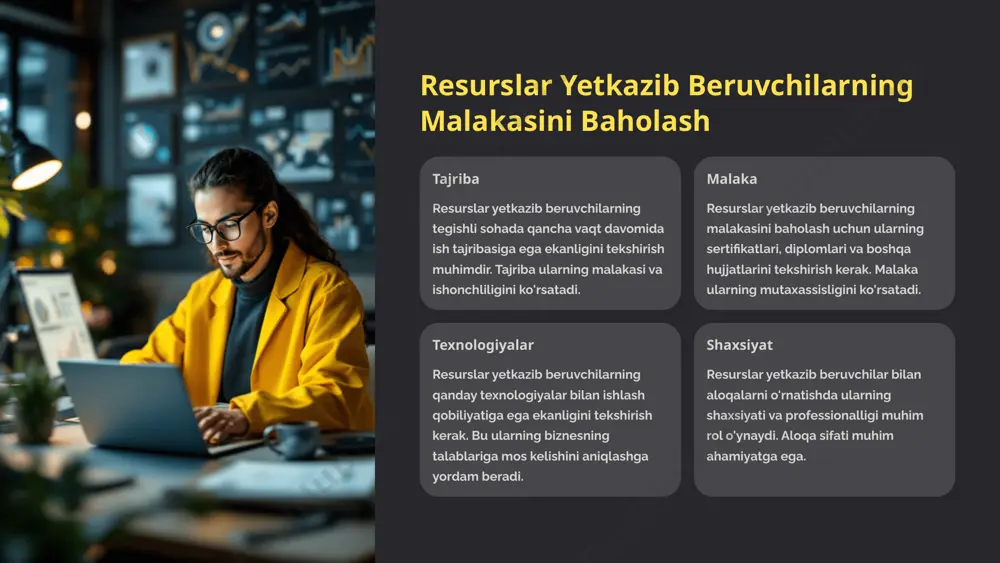 hilarni o'zgartirib turish zaruriyat resurslar yetkazib beruvchilarni faqat zarurat tug'ilganda o'zgartirib turish kerak. bunga xizmatlarning sifati, narxlarning oshishi, muddatlarga rioya qilmaslik yoki boshqa muammolar sabab bo'lishi mumkin. tanlash resurslar yetkazib beruvchilarni o'zgartirishdan oldin yangi ta'minotchilarni tanlash jarayonini amalga oshirish kerak. bu biznesning talablariga mos keladigan ta'minotchini topishga yordam beradi. shartnoma yangilanish bo'yicha shartnoma tuzish kerak. bu yangi ta'minotchi bilan xizmatlarning sifati, narxi, muddati va boshqa muhim shartlarni aniqlashga yordam beradi. resurslar yetkazib beruvchilar bilan aloqani saqlab turish bu suratlar yetkazib beruvchilar bilan aloqani saqlashga yordam beradigan firibgar usullardir. shu bilan birga, bu resurslar kompaniya o'rtasida muomalalar yechishda ma'lumot almashishning bir vositasi sifatida ham ishlatilishi mumkin. resurslar yetkazib beruvchilarning yangi texnologiyalarini o'rganish resurslar yetkazib beruvchilarning yangi texnologiyalarni o'rganish va ularni biznesga tatbiq etish qobiliyatiga ega bo'lishlari muhimdir. yangi texnologiyalar biznesning raqobatbardoshligini oshiradi. resurslar yetkazib beruvchilar bilan muntazam ravishda yangi texnologiyalar bo'yicha muhokama qilish kerak. muhokamalar biznesning texnologik rivojlanishini ta'minlashga yordam beradi. …
