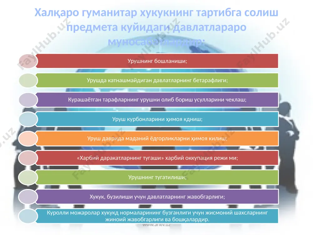 ан барча хуружлар куролли кучлар ёрдамида кдйтарилиши мумкин. урушнинг тамом булиши ва унинг ҳуқуқий оқибатлари www.arxiv.uz урушнинг тамом булиши халкдро-хукукий жиҳатдан уруш холатларининг тугатилиши, яъни урушаётган томонлар уртасида тинчлик муносабатларининг кайта тикланишидир. давлатлар уруш оқибатида тўхтатилган дипломатик, консуллик ва савдо алокларини кайта тиклайдилар, фукдролар (юридик шахслар)га булган чеклашларни олиб ташлайдилар, чунки улар уруш вакида душ­ман булган давлат фукдролари сифатвда кабул кулинар эди. тинчлик шартномаси тинчлик шартномаси — уруш ҳолатини тугатилипшга қаратилган махсус халкдро-хукукий шаклдир. тинчлик шартномасвда тинч­лик муносабатларини крйта тиклаш билан бошик, масалалар, яъни худудий муаммолар, енгилган давлат куролли кучларининг такдири, харбий асирлар, зиённи к;оплаш (репарация), хдрбий жи- ноятчиларнинг жавобгарлиги масалалари батафсил ва тулик равишда ёзилган булади. www.arxiv.uz эътиборингиз учун раҳмат! www.arxiv.uz image1.jpg