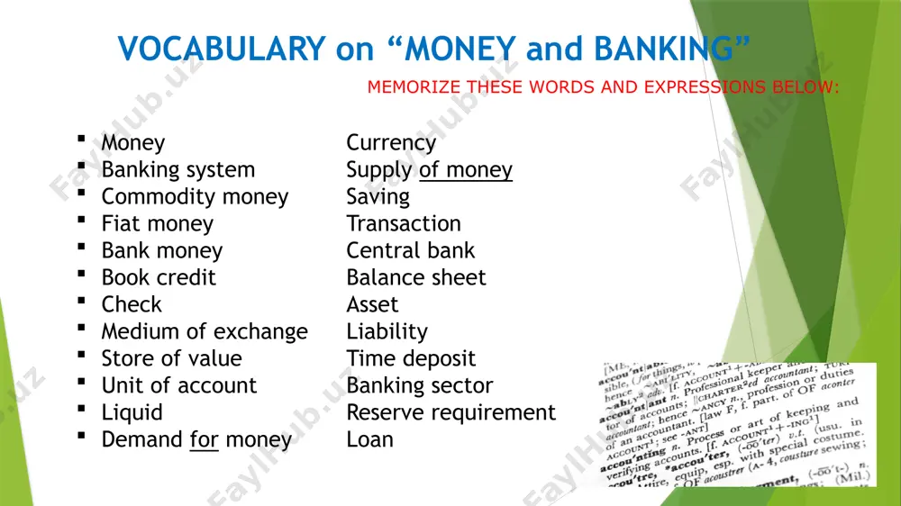 m3 = m2 (see above) + large denomination+ long-term deposits (e.g., > usd 100.000) reference: n.m.dyukanova “angliyskiy yazik dlya ekonomistov”, p.258 banking sector banks performs 2 crucial functions: they receive funds from depositors and, in return, a)provide these depositors with a checkable source of funds; b) with interest payments 2.they use the funds that they receive from depositors to make loans to borrowers. that means: they serve as intermediaries in the borrowing and lending process. reference: n.m.dyukanova “angliyskiy yazik dlya ekonomistov”, p.258 banking sector (cont’d) the reserve requirement is the fraction of deposits set aside for withdrawal purposes. the reserve requirements are determined by the nation’s bank authority, a government agency known as the central bank. reference: n.m.dyukanova “angliyskiy yazik dlya ekonomistov”, p.258 banking sector (cont’d) banks earn profits by borrowing funds from depositors at zero or low rates of interest and using these funds to make loans at higher …
