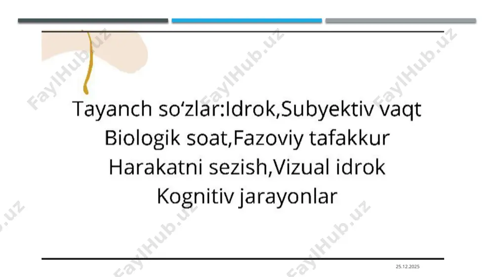 tligida, vaqtning esa uzluksizligi, bir oʻlchovliligi, orqaga qaytmasligi, chiziqli bogʻlanganligida va boshqada namoyon boʻladi. fazo va vaqtning metrik xususiyatlari borliqning miqdoriy munosabatlarini ifoda etsa, topologik xususiyatlari esa tub sifat jihatlarini aks ettiradi. shu sababli falsafada fazo va vaqtning metrik xususiyatlari — miqdoriy xususiyatlar, topologik xususiyatlari esa sifatiy xususiyatlar deb ataladi. fazo va vaqtning metrik xususiyatlari oʻzgarganda voqeliqda jiddiy strukturaviy oʻzgarishlar roʻy bermasligi mumkin, topologik xususiyatlarning oʻzgarishi esa voqelikni, albatta, tubdan strukturaviy oʻzgartiradi. 26.03.2025 26.03.2025 fazo va vaqt turlari fazo va vaqtni anglashda real, perseptual va konseptual fazo va vaqtlarni bir-biridan ajrata olish lozim. obyektiv voqelikdagi real, jismoniy, fizik obʼyektlar, narsa va hodisalarning oʻziga xos fazo va vaqt aloqadorliklari real fazo va vaqt deyiladi. real fazo va vaqtning inson tasavvurida idrok etilishi — perseptual fazo va vaqt boshqa boʻlsa, real fazo va vaqtning matematik tenglama va hisob-kitoblarda modellashtirilishi — konseptual fazo va vaqtdir. perseptual va konseptual fazo va vaqt real fazo …