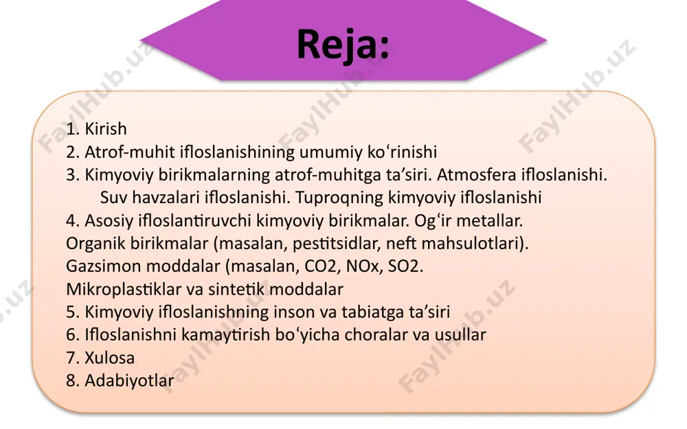 arini ifloslantiradi. bu suv resurslarining biologik xilma-xilligini kamaytiradi va odamlarning ichimlik suvi sifatiga zarar yetkazadi. tuproqning kimyoviy ifloslanishi kimyoviy chiqindilar, jumladan pestitsidlar, og‘ir metallar va sanoat chiqindilari tuproqning unumdorligini kamaytiradi. bunday tuproq o‘simliklar o‘sishi uchun yaroqsiz bo‘lib qoladi va oziq-ovqat zanjiriga zarar yetkazadi. asosiy ifloslantiruvchi kimyoviy birikmalar og‘ir metallar organik birikmalar gazsimon moddalar mikroplastiklar va sintetik moddalar og‘ir metallar va organik birikmalar gazsimon moddalar va mikroplastiklar va sintetik moddalar qo‘rg‘oshin, simob, kadmiy va mis kabi og‘ir metallar suv, tuproq va havoga tushib, tirik organizmlar uchun toksik ta’sir ko‘rsatadi. pestitsidlar, sintetik o‘g‘itlar va neft mahsulotlari tuproq va suvning kimyoviy tarkibini buzadi, shuningdek, ekotizimlarga zarar yetkazadi. co2, nox va so2 kabi gazlar global isish, kislotali yomg‘irlar va inson salomatligiga zarar keltiradi. mikroplastiklar suv havzalarida ko‘payib, dengiz hayvonlari tomonidan iste’mol qilinadi va oziq-ovqat zanjiri orqali inson organizmiga ham kiradi. kimyoviy ifloslanishning inson va tabiatga ta’siri inson salomatligi: ifloslangan havo va suv nafas olish …