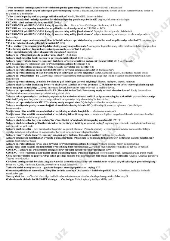 iradi? altcoin exw mol etkazib berish shartida importerning vazifasi: importer tovarni tashish jarayonidagi barcha risklarni o‘z zimmasiga oladi eksport-import operatsiyalarida hujjatli inkassoga asosan qaysi hujjat qabul qilinadi? invoys enega aynan plastik eng qulay material hisoblanadi? issiqlik bilan ishlov berish va bo‘rttirma qilish osonligi uchun elektron pul operatsiyalari uchun qanday texnologiya odatda qo‘llaniladi? nfc elektron pul bilan operatsiyalarning maksimal chegarasi qancha? provayderga qarab farqlanadi hujjatli inkassoda … ham moliyaviy, ham tijorat hujjatlari tekshiriladi hisob-kitob xizmatlarini ko‘rsatishda markaziy bankning asosiy vazifalaridan biri bo‘lib, .. hisoblanadi hisob-kitoblarning uzluksizligini ta’minlash hujjatli akkreditiv - buhujjatlar to‘g‘ri taqdim etilgan taqdirda akkreditivda ko‘rsatilgan summani benefitsiar foydasiga o‘z vaqtida to‘lash bo‘yicha talabnoma beruvchi nomidan bank tomonidan qabul qilinadigan shartli to‘lov majburiyat hozirgi kunda mamlakatimizda elektron to‘lovlarning eng keng tarqalgan turi - bu ... qr-kod va mobil ilovalar orqali inkasso bilan hisob-kitoblarda risk koʻproq kim tomonida boʻladi? eksportyor indossament …………………….. ko‘rinishlarda bo‘lishi mumkin? bo‘sh yoki nominal incoterms bo‘yicha yuk …