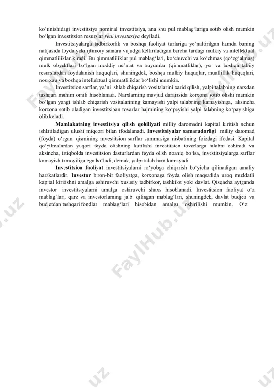 r kiradi. bu qimmatliliklar pul mablag‘lari, ko‘chuvchi va ko‘chmas (qo‘zg‘almas) mulk obyektlari bo‘lgan moddiy ne’mat va buyumlar (qimmatliklar), yer va boshqa tabiiy resurslardan foydalanish huquqlari, shuningdek, boshqa mulkiy huquqlar, mualliflik huquqlari, nou-xau va boshqa intellektual qimmatliliklar bo‘lishi mumkin. investitsion sarflar, ya’ni ishlab chiqarish vositalarini xarid qilish, yalpi talabning narxdan tashqari muhim omili hisoblanadi. narxlarning mavjud darajasida korxona sotib olishi mumkin bo‘lgan yangi ishlab chiqarish vositalarining kamayishi yalpi talabning kamayishiga, aksincha korxona sotib oladigan investitsioan tovarlar hajmining ko‘payishi yalpi talabning ko‘payishiga olib keladi. mamlakatning investitsiya qilish qobiliyati milliy daromadni kapital kiritish uchun ishlatiladigan ulushi miqdori bilan ifodalanadi. investitsiyalar samaradorligi milliy daromad (foyda) o‘sgan qismining investitsion sarflar summasiga nisbatining foizdagi ifodasi. kapital qo‘yilmalardan yuqori foyda olishning kutilishi investitsion tovarlarga talabni oshiradi va aksincha, istiqbolda investitsion dasturlardan foyda olish noaniq bo‘lsa, investitsiyalarga sarflar kamayish tamoyiliga ega bo‘ladi, demak, yalpi talab ham kamayadi. investitsion faoliyat investitsiyalarni ro‘yobga chiqarish bo‘yicha qilinadigan amaliy harakatlardir. investor biron-bir …