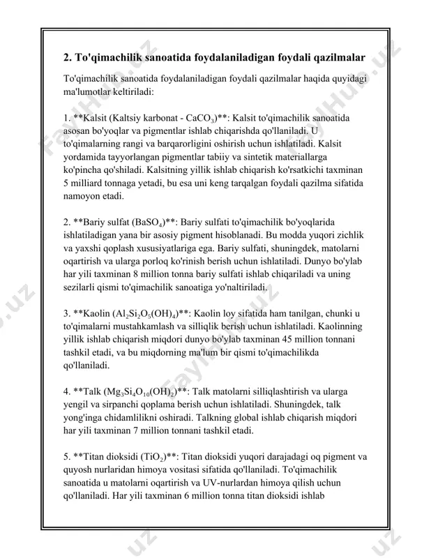 alb qilish maqsadida turli chora-tadbirlar ko‘rmoqda. yangi texnologiyalar va zamonaviy uskunalar yordamida bu sohada yangi yutuqlarga erishish ko‘zda tutilgan. shu bilan birga, kon sohasidagi xavfsizlik me’yorlariga qat’iy rioya qilish hamda atrof-muhitni muhofaza qilish choralari keng ko‘lamda amalga oshirilmoqda. o‘zbekistonning oltin konlari nafaqat mamlakat iqtisodiyoti uchun, balki uning xalqaro nufuzini oshirishda ham muhim rol o‘ynamoqda. mamlakatning oltin eksporti xalqaro bozorda katta qimmatbaho metallar kapitalisi sifatida xizmat qiladi va o‘zbekistonni mintaqadagi yetakchi davlatlardan biri sifatida dunyoga tanityapti. shu nuqtai nazardan, oltin qazib chiqarishini oshirish va yangi konlarni rivojlantirish o‘zbekistonning uzoq muddatli strategik rejasiga kiradi. bu borada xalqaro hamkorlik aloqalarini kengaytirish, xorijiy investitsiyalarni jalb qilish orqali ilg‘or texnologiyalarni tatbiq etish rejasi bor. 4. neft va gaz resurslari albatta, men sizga neft va gaz resurslari haqida faqat ma'lumot va raqamlar berishga harakat qilaman. dunyo bo'ylab neft va gaz resurslari global iqtisodiyotning asosiy hajmlaridan biri hisoblanadi. neft resurslari bo'yicha eng katta zaxiralarga ega davlatlar orasida …