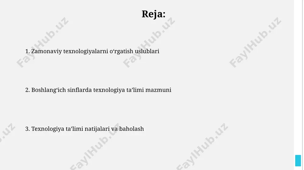 ishni taklif qiladi. dasturlashga kirish boshlangʻich sinflarda blokli dasturlash platformalari, masalan, scratch yordamida 7-8 yoshli bolalarga algoritmik fikrlashni 3-4 ta sodda dastur misoli orqali oʻrgatishni oʻz ichiga oladi. muammo yechish va loyihalashtirish loyihalashtirish jarayonida, masalan, 3d printer yordamida shahar modeli yaratishda, samarqanddagi maktablarda 8-10 yoshli bolalar jamoaviy ishlash va muammolarni birgalikda hal qilishni oʻrganadilar. oʻzbekistonning 1-sinf darsliklarida 2023-yildan boshlab blokli dasturlash asoslari kiritilgan boʻlib, bu bolalarga mantiqiy fikrlash va muammo hal qilish qobiliyatlarini rivojlantirishga yordam beradi. texnologiyalar va ijodkorlik toshkent shahridagi maktablarda 10 dan ortiq turdagi elektron oʻyinlar va interaktiv dasturlar yordamida bolalarning mantiqiy fikrlash qobiliyatini rivojlantirishga qaratilgan 150 soatlik innovatsion darsliklar joriy etildi. andijon viloyatida 8-10 yoshli bolalarga kodlash asoslarini oʻrgatishda "scratch" dasturiy taʼminoti orqali kamida 30 ta turli animatsion loyihalar yaratish boʻyicha kreativ topshiriqlar berilmoqda. boshlangʻich sinflarda texnologiya taʼlimi mazmuni 1-4 sinf oʻquvchilari uchun toshkent shahrida ishlab chiqilgan taʼlim dasturiga koʻra, 3d printerlardan foydalanish va oddiy modellarni yaratish …