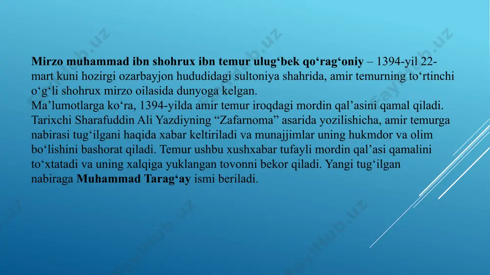 on maydonida madrasa („universitet“) qurdirdi va koʻplab islom astronomlari va matematiklarini oʻqishga taklif qildi. ulugʻbekning astronomiya boʻyicha eng mashhur shogirdi ali qushchi (1474-yilda vafot etgan) edi. qozizoda rumiy ulugʻbek madrasasining eng koʻzga koʻringan muallimi boʻlgan va keyinchalik bu oʻringa astronom jamshid al-koshiy kelgan[13]. ulugʻbek ilm-fan olamida buyuk astronom sifatida mashhur. bu borada u amalga oshirgan eng buyuk ish „ziji jadidi koʻragoniy“ deb nomlangan astronomik jadval sanaladi. ulugʻbek tibbiyot va musiqaga ham qiziqqan, sheʼrlar ham yozgan. alisher navoiyning „majolis un-nafois“ asarida uning sheʼrlaridan namunalar keltirilgan. olimdan bizga 4 ta asar meros qolgan: 1) „ziji jadidi koʻragoniy“ – astronomiyaga oid; 2) „bir daraja sinusini aniqlash haqida risola“ – matematikaga oid; 3) „risolayi ulugʻbek“ – yulduzlarga bagʻishlangan; 4) „tarixi arbaʼ ulus“ (toʻrt ulus tarixi) – tarixga oid. image1.jpg image2.jpg /docprops/thumbnail.jpeg