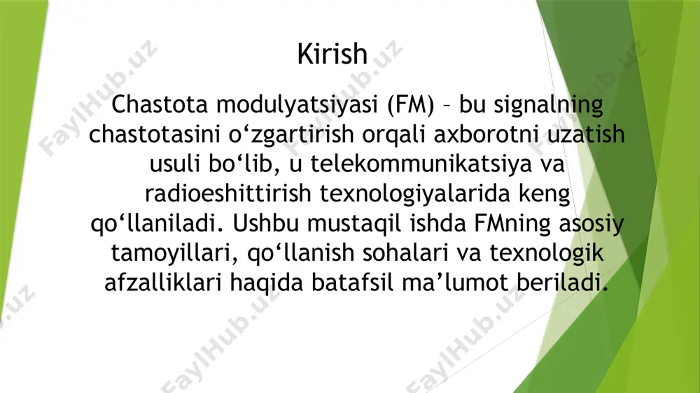 dulyatsiya qilish texnologiyasi qiyinroq. 3. fmning qo‘llanilish sohalari - radioeshittirish: fm 88-108 mhz chastotada yuqori sifatli ovoz eshittirish uchun ishlatiladi. - mobil aloqa: aloqa tizimlarida ma’lumotni shovqinlarsiz uzatish uchun qo‘llaniladi. - aviatsiya va dengiz aloqa tizimlari: masofaviy aloqa va signal uzatishda foydalaniladi. - raqamli telekommunikatsiya: analog signallarni kodlashning boshlang‘ich qismi sifatida. 4. fm signalini generatsiya qilish va qabul qilish texnologiyasi fm generatsiyasi: . direkt metod: tashuvchi chastotani to‘g‘ridan-to‘g‘ri o‘zgartirish. . indirekt metod: modulyatsiya chastotasini birinchi bosqichda generatsiya qilib, keyin chastota ko‘paytirish. fmni qabul qilish: fm signallarni qabul qilish uchun demodulyatorlar ishlatiladi, masalan, foster-seely demodulyatori yoki faza qulfli tizimlar (pll). 5. fmning raqamli modulyatsiyaga o‘tishdagi o‘rni fm analog texnologiya bo‘lsa-da, zamonaviy raqamli aloqa tizimlariga asosiy tamoyillarni o‘tkazib bergan. raqamli modulyatsiyaning ba’zi turlari (masalan, fsk) chastotaga asoslangan bo‘lib, fmdan rivojlangan. xulosa chastota modulyatsiyasi aloqa texnologiyalarining muhim qismi hisoblanadi. uning yuqori sifatli ovoz uzatish va shovqinlarga chidamlilik kabi xususiyatlari uni telekommunikatsiya va radioeshittirishning …