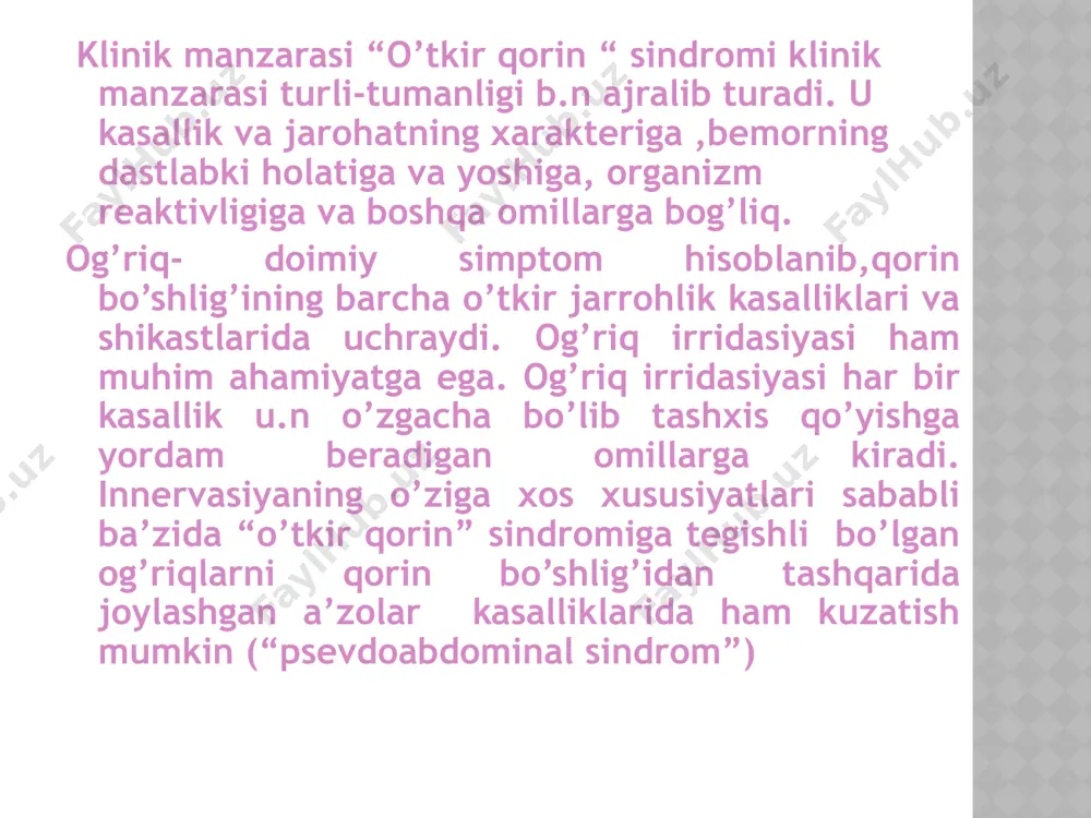 bo’ylab og’riq bo’ladi,qorin mushaklari taranglashadi, og’riq simptomi musbat bo’ladi, harorat ko’tariladi. davosi. ko’p qon oqmaganda bemorning ahvoli qoniqarli bo’ladi va konservativ davo qo’llaniladi. bemor qorniga muz qo’yiladi gemostatik preparatlar ishlatiladi. natijasiz hollarda operasiya qilinib jigar yoki taloqdagi jarohat tikiladi,qon uzil-kesil to’xtatiladi yoki splenektomiya qilinadi.kovak a’zolar yorilganda unga chok solinadi yoki qattiq shikastlanganda shu soha rezeksiya qilinib, keyin ichaklar uchi bir- biriga ulab tikiladi. churralarning o’tkir asoratlari bularga churra qopida ahlat turib qolishi (koprostaz) va churra hosilalarning ezilishi kiradi. bunda odatda churraning o’zida ham butun qorin bo’ylab og’riq nisbatan kam bo’lgani holda churra bo’rtmasining hajmi kattalashadi. keyinchalik qorinda og’riq,lohaslik,kekirish,ko’ngil aynishi,qusish paydo bo’ladi. churra bo’rtmasiga muz solingan xaltacha qo’yilsa uning ta’siri ostida ichaklarning qonga to’liqligi kamayadi qisqa vaqt spazm vujudga keladiichakning to’grilash oson kechadi. churraning qisilishi churra qisilishi,churra hosilasining churra darvozalarida yoki churra xaltachasi bo’ynida to’satdan qisilib qolishdan kelib chiqadi. bunda churra ichidagi a’zo to’qimalarda qon ta’minoti,innervasiyasi,binobarin oziqlanishning buzulishi ro’y beradi. har …