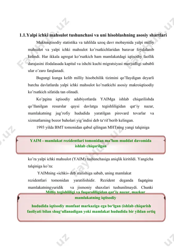 arilgan barcha yakuniy tovarlar va xizmatlar bozor qiymatini, ular sotilgan yoki sotilmaganligiga qaramasdan о’z ichiga oladi. 2. yaim tovarlar va xizmatlarning bozor qiymati orqali о’lchanib, ular qiymat kо’rsatgichida (sо’m, frank, dollar, yevro, dinar, iyena, rubl va boshqa pul birliklarida) hisoblanadi. 3. yaimda faqatgina yakuniy tovar va xizmatlar hisobga olinadi. 4. yaimga noishlab chiqarish bitimlari bо’yicha tushumlar kiritilmaydi. masalan, davlat va xususiy transfertlar, avval sotilgan va ishlatilgan buyumlarni qayta sotishdan tushgan tushumlar, qimmatli qog’ozlarni sotishdan tushumlar. 1.2.yaimni ishlab chiqarish usulida aniqlash ishlab chiqarish usulida hisoblangan yaim yakuniy tovarlar va xizmatlarni ishlab chiqarishning turli bosqichlarida qо’shilgan qiymatlar yig’indisi sifatida aniqlanadi. yaimni bu usulda aniqlash statistik jihatdan qulay bо’lishi bilan birga uni hisoblashning muhim shartiga amal qilish, ya‘ni bir qiymatni ikki bor hisobga olish, yoki oraliq mahsulot qiymatini yaimga kiritib yuborishning oldini oladi. ishlab chiqarish hajmini tо’g’ri hisoblash uchun joriy yilda ishlab chiqarilgan tovar va kо’rsatilgan xizmatlar qiymati bir marta hisobga olinish kerak. …