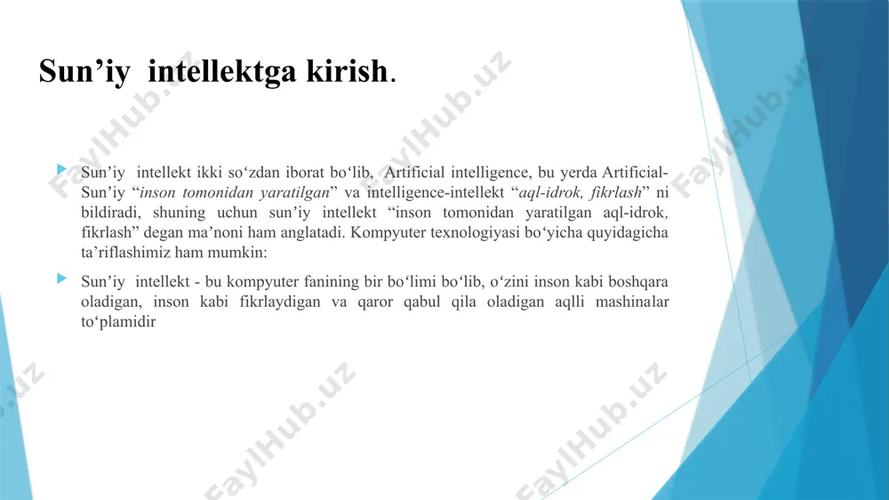oʻlgan davr. 2003-yilda nasa marsga ikkita rover uchirdi (ruh va imkoniyat) va ular sayyora yuzasida inson aralashuvisiz harakat qilishdi. 2006-yilda twitter, facebook va netflix kabi kompaniyalar sunʼiy intellektdan reklama va foydalanuvchi tajribasi (ux) algoritmlarining bir qismi sifatida foydalanishni boshladilar. 2010-yilda microsoft xbox 360 kinect-ni ishga tushirdi, bu tana harakatini kuzatish va uni oʻyin yoʻnalishlariga tarjima qilish uchun moʻljallangan birinchi oʻyin uskunasi edi. shu yilda uotson (ibm tomonidan yaratilgan) ismli savollarga javob berish uchun dasturlashtirilgan nlp kompyuteri televizion oʻyinda ikkita sobiq chempionga qarshi jeopardy ustidan gʻalaba qozondi. 2011-yilda apple birinchi mashhur virtual yordamchi dasturini chiqardi. 1996 yili filadelfiyada garry gasparov va ibm kompaniyasining suniy intellekti deep blue bilan shaxmat baxsida 4:2 hisobida g’alaba qozondi.1997 yili nyu—yorkda bo’lib o’tgan shaxmat baxsida 32:22 hisobida suniy intellekt g’alaba qozondi. sunʼiy intellekt 2012-yildan hozirgi kungacha. bu davrda sunʼiy intellektning hozirgi kungacha boʻlgan eng soʻnggi yutuqlariga olib keladi. bunda virtual yordamchilar, qidiruv tizimlari va boshqalar kabi …