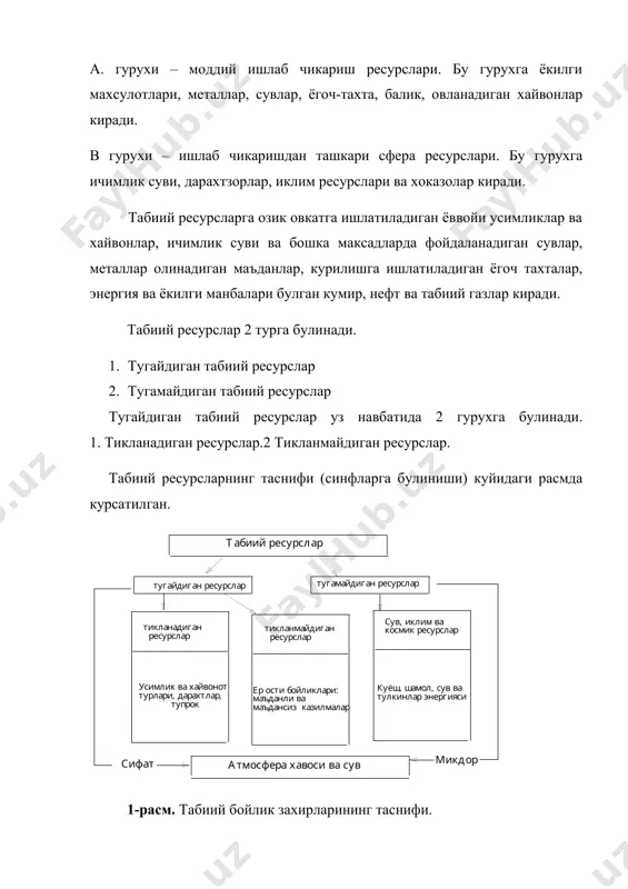 рни тежаб-тергаб ишлатиш ва уларни казиб олинаётганда ерларга зарар етказилишига йул куймаслик зарур. тикланадиган табиий ресурсларга тирик мавжудотлар, усимлик ва хайвонлар, дарахтлар шунингдек тупрок киради. тупрок йук булиб кетмайди, балки асосий хоссасини – унумдорлигини йукотиши мумкин. бундай ресурслардан фойдаланаётганда шуни эсда тутиш керакки, муайян табиий шароитнинг бузилиши уларнинг кайта тикланишига халакит бериши мумкин. масалан, хозирги вактда бутунлай кириб юборилган купгина усимлик ва хайвонот турлари, шунингдек, эрозия натижасида бутунлай таркиби бузилган тупроклар кайтадан тикланмайди. бундан ташкари, шуни хам ёдда тутиш керакки, тикланадиган табиий ресурсларнинг пайдо булиш жараёни маълум тезликка эга булиши керак. масалан, отиб ташланган хайвонларнинг кайтадан пайдо булиши учун бир ёки бир неча йил керак, аммо дарахтлари кесиб ташланган урмон камида 60-йилдан кейин кайта тикланиши мумкин. ер кобигида тупрокнинг унумли ва хосилдор катламини хосил булиш жараёни нихоятда секинлик билан кечади. 100 йилда 0,5 см дан 2 см гача тупрок хосил булади. таркиби узгарган тупрокни яхшиланиши учун эса бир неча минг …