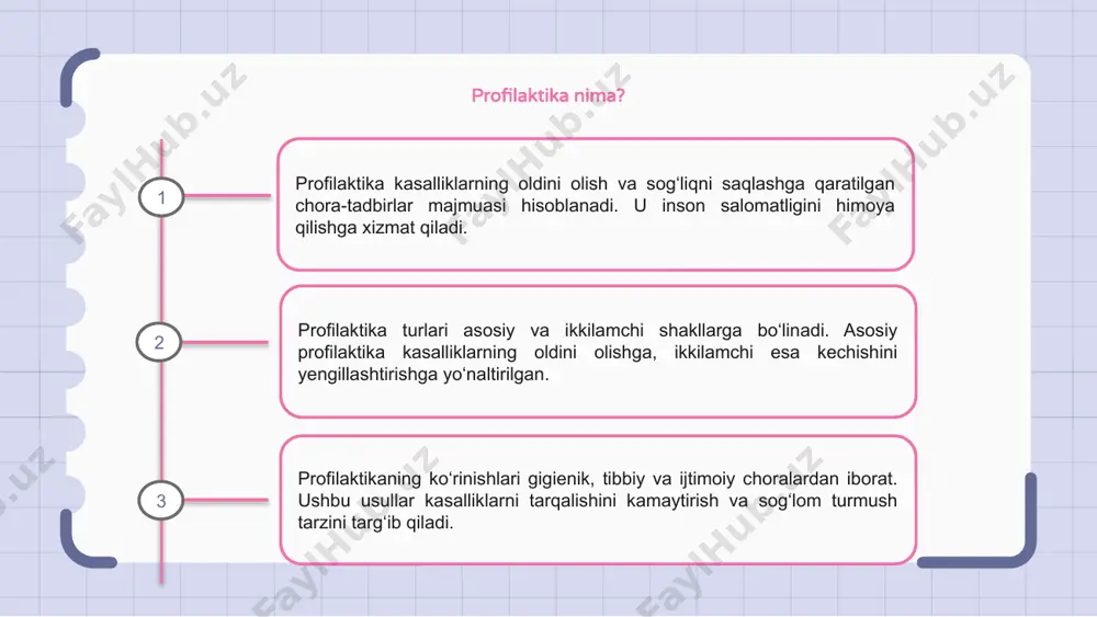 ush tarzi, to‘g‘ri ovqatlanish, jismoniy faollik va muntazam tibbiy tekshiruvlar profilaktikaning muhim qismidir. bu usullar kasalliklarni kamaytirishga yordam beradi. sanitariya-gigiyena profilaktikasi sanitariya-gigiyena profilaktikasi kasalliklarning oldini olishga qaratilgan chora-tadbirlardir. to'g'ri gigiyena qoidalariga amal qilish salomatlikni saqlash va kasallik xavfini kamaytiradi. toza suv iste'mol qilish, ovqatlanish gigiyenasiga rioya qilish, shaxsiy va jamoat joylarida tozalikni saqlash sanitariya profilaktikasining muhim tarkibiy qismlaridan biridir. organizmni kasalliklardan himoya qilish uchun muntazam qo'l yuvish, to'g'ri ovqatlanish va toza muhit yaratish sanitariya-gigiyena profilaktikasining samarali choralaridan hisoblanadi. ijtimoiy profilaktika ijtimoiy profilaktika jamiyatda sog‘lom turmush tarzini shakllantirishga qaratilgan chora-tadbirlar majmuidir. bu usullar kasalliklarning oldini olish va sog‘liqni saqlashga ko‘mak beradi. ushbu profilaktika aholining keng qatlamlarini qamrab olib, sog‘lom turmush targ‘iboti, emlash dasturlari va to‘g‘ri ovqatlanish bo‘yicha tavsiyalarni o‘z ichiga oladi. ijtimoiy profilaktika shuningdek, atrof-muhit muhofazasi, gigiyena qoidalariga rioya qilish va zararli odatlardan voz kechishga yordam beradigan targ‘ibot ishlarini ham o‘z ichiga oladi. psixologik profilaktika psixologik profilaktika insonning ruhiy holatini barqaror …