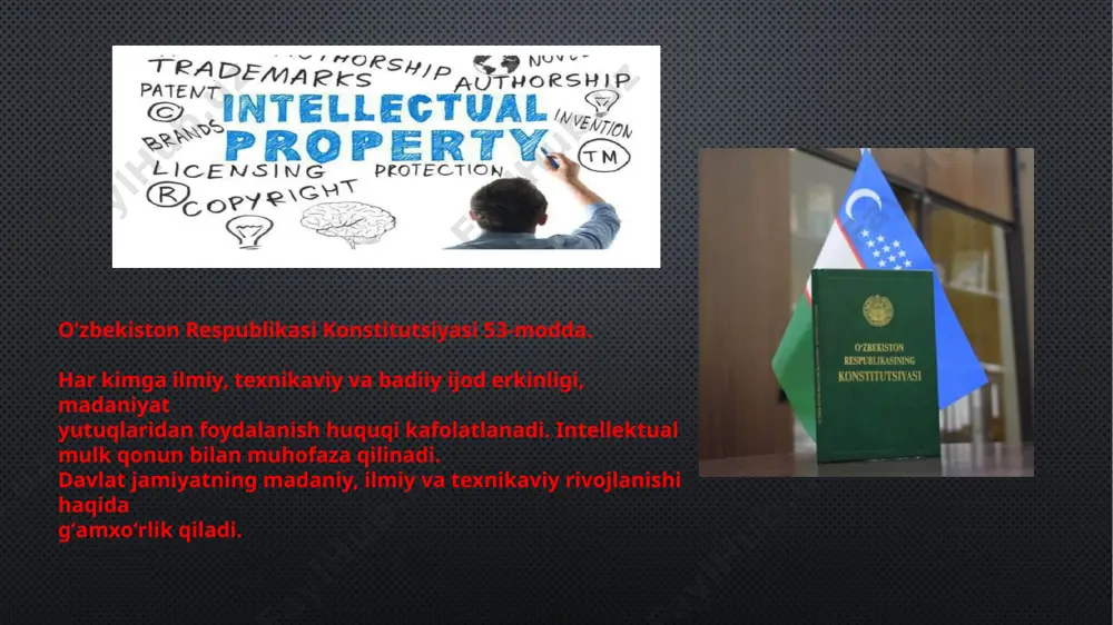 bo‘lib, u nasldan naslga barqaror o‘tuvchi, muayyan genotip yoki genotiplar kombinatsiyasini boshqalardan ajratib turuvchi belgilarga qarab aniqlanadi va ayni bir botanik taksondagi boshqa o‘simliklar guruhidan bir yoki bir necha belgilari bilan farqlanadi. klon, liniya, birinchi avlod duragayi, populyatsiya navning muhofaza qilinadigan obyektlaridir; “zot” — genetik jihatdan o‘zaro bog‘liq biologik va morfologik xususiyatlari hamda belgilariga qarab aniqlanadigan hayvonlar (shu jumladan parrandalar, hasharotlar, ipak qurti) yoki ularning duragaylari guruhi bo‘lib, bu xususiyatlar hamda belgilarning ayrimlari muayyan guruhgagina xos bo‘lib, uni hayvonlarning boshqa guruhlaridan farqlab turadi. zot guruhi, zot ichidagi tip (zonal tip), zavod tipi, zavod liniyasi, zot oilasi, partenoklonlar, liniyalar, duragaylar zotning muhofaza qilinadigan obyektlaridir; ixtiro — xalq xoʻjaligining turli sohalarida, ijtimoiymadaniy qurilish va mudofaa sohalarida ijobiy samara beradigan, oʻziga xos texnikaviy yechimga ega boʻlgan yangilik. mahsulot yoki usulga tegishli har qanday sohadagi texnik yechim foydali model sifatida eʼtirof etiladi. foydali model sifatida, masalan, usullar, qurilmalar, moddalar, mikroorganizmlar shtammlari, oʼsimliklar va hayvonlar …