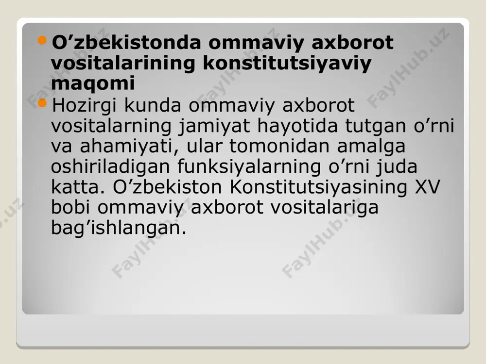 o‘z va e’tiqod erkinligi huquqiga ega. har kim o‘zi istagan axborotni izlash, olish va uni tarqatish huquqiga ega, amaldagi konstitutsiyaviy tuzumga qarshi qaratilgan axborot va qonun bilan belgilangan boshqa cheklashlar bundan mustasnodir” – kabi normalarda o’z ifodasini topgan. mamlakatimizda ommaviy axborot vositalarini faoliyatini takomillashtirish bo‘yicha olib borilgan ishlar natijasida ularni erkinligini ta'minlovchi qator huquqiy hujjatlar qabul qilindi. ommaviy axborot vositalari faoliyatida senzuraga yo‘l qo‘yilmasligi mamlakatimizda maxsus “davlat sirlarini saqlash to‘g‘risida”gi qonun amal qilib , unda “davlat tomonidan qo‘llaniladigan va maxsus ro‘yxatlar bilan chegaralab qo‘yilgan alohida axamiyatli, mutlaqo maxfiy va maxfiy harbiy, siyosiy, iqtisodiy, ilmiy-texnikaviy va o‘zga ma'lumotlr o‘zbekiston respublikasining davlat sirlari hisoblanadi” – bunday malumotlarni oshkor qilishga hyech qanday jurnalist, ommaviy axborot vositalari haqli emas. “senzura”ning ommaviy axborot vositalariga ko’rsatadigan ta’siri senzura ommaviy axborot vositalarining erkinligini, umuman so‘z, fikr erkinligi cheklovchi kuchli vosita edi. konstitutsiyada ommaviy axborot vositalari faoliyatida senzuraga yo‘l qo‘yilmasligining belgilovchi qoidani kiritilganligi, ommaviy axborot vositalarini erkinligi, umuman …