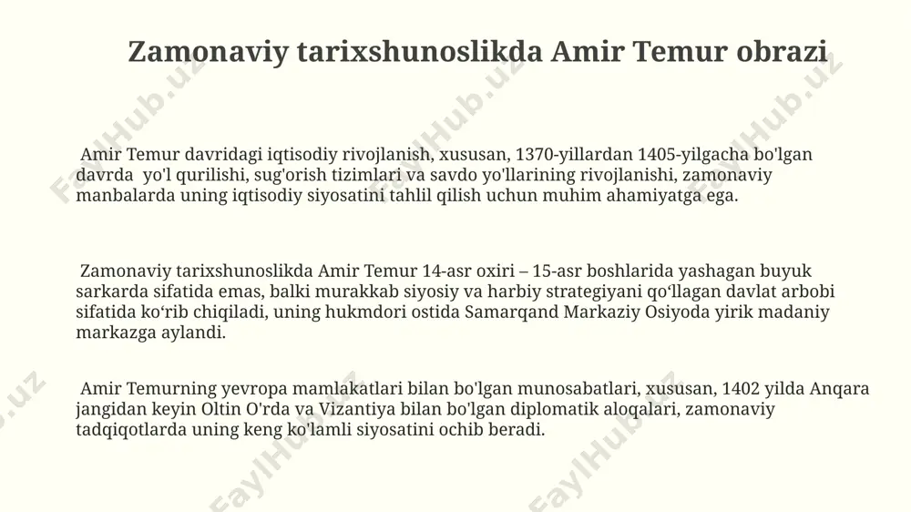 dan, mashhur registon maydoni qurilgan bo'lib, bu shaharning me'morchiligi taraqqiyotining yorqin misolidir. temur tomonidan qurilgan yoki qayta tiklangan inshootlar orasida buxoro va xorazm viloyatlaridagi 20 dan ziyod tarixiy obidalar, shu jumladan, qal'a va saroy majmualari mavjud. amir temurning me'morchiligi o'zining ulkan miqyosida, murakkab dizayni va boy bezaklarida, misol uchun, gur amir maqbarasining 15 metr balandlikdagi gumbazi, o'ziga xosdir. temur davlatining qulashi sabablari mo'g'uliston va oltin o'rda kabi qo'shni davlatlarning hujumlari ham temur imperiyasining qulashiga olib keldi, bu esa 1460-yillarda maydonni butunlay o'zgartirdi va uning hududlarini bo'linishiga olib keldi. temur davlatining zaiflashishiga uning merosxo'rlarining yoshligi va tajribasizligi, shuningdek, 150 000 kishilik armiyaning boshqarilishi qiyinligi ham sabab bo'ldi, bu esa markaziy hokimiyatni zaiflashtirdi. temur vafotidan keyin 1405-yildan boshlab, uning ulkan imperiyasi ichki nizolar va taxt uchun kurash tufayli tezda parchalanib ketdi, bu esa samarqand va hirot kabi shaharlar o'rtasida kuchli raqobatni keltirib chiqardi. temur davrida iqtisodiyotning rivojlanishi temur imperiyasi hududida sug'orish tizimlari …