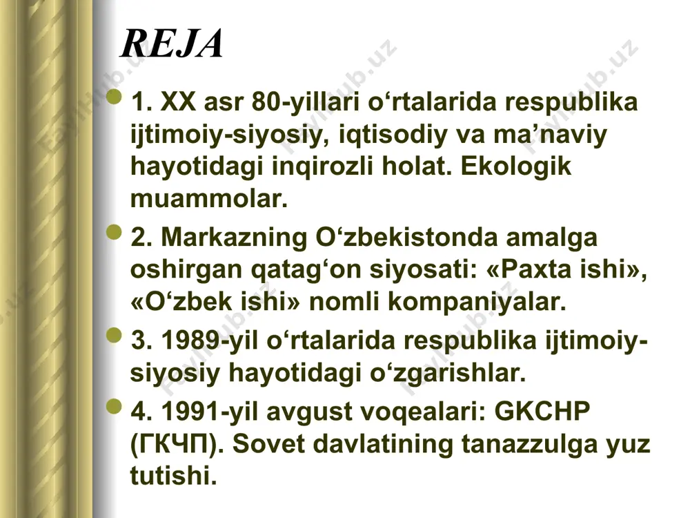 yilning oxirida o‘zbekistonda juda og‘ir vaziyat vujudga kelgan edi. respublikada jinoyatchilikka qarshi kurashish niqobi ostida sssr bosh prokurori xuzurida alohida muhim ishlar bo‘yicha maxsus 12 kishilik tergovchilar guruhi tuzilib, o‘zssrga yuboriladi. ular o‘zssrda paxta tayyorlash va uni qayta ishlash bilan bog‘liq jarayonlardagi «qo‘shib yozish», «o‘g‘irlik», «ko‘zbo‘yamachilik», «poraxo‘rlik»ni (aslida bunday moliyaviy jinoyatlar va qing‘irliklar butun sssr hududidagi iqtisodiyotda chuqur ildiz otib kelgan edi) tergov qilish bilan shug‘ullandilar. buning natijasida «paxta ishi» paydo bo‘ldi. tergovlar jarayonida moskvadan yuborilgan t.x. gdlyan va n.v. ivanov guruhining faoliyati natijasida respublikadagi jamoa xo‘jaliklari raislari va sovxoz direktorlarining 60%, qishloq xo‘jaligi etakchi mutaxassislarining 45%, paxtachilik brigada boshliqlarining 35%, shuningdek, ko‘plab rahbarlar, viloyatlar va tumanlar partiya komiteti kotiblari, respublika miqyosidagi partiya, sovet va xo‘jalik rahbarlari o‘z vazifalaridan olib tashlandi va ularga nisbatan jinoiy ish qo‘zg‘atildi. «kadrlar desanti»... o‘zssrning ijtimoiy – siyosiy hayotida 1984-yil 23 iyunda bo‘lgan o‘zbekiston kompartiyasi mk xvi – plenumi mash’um rol o‘ynagan. moskva tashabbusi va …