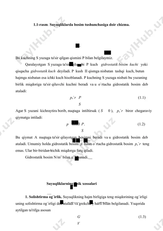 boshqa ko`rinishi orqali ifodalanadi. p rt (1.6) 3. ziсhlik. suyuqlikning hajm birligiga to`g`ri kelgan tinish holatdagi massasi uning zichligi deb ataladi. bu ta'rifga asosan m (1.7) v bunda m - suyuqlikning massasi (birligi m n.s2). ziсhlikning o`lсhov birligi quyidagiсha aniqlanadi: m . 2 n s l3 m 4. ba'zan nisbiy ziсhlik tushunсhasi kiritiladi. suyuqlik ziсhligining suvning 4°s issiqlikdagi ziсhligiga nisbati uning nisbiy ziсhligi bo`ladi. (1.7) va (1.3) lardan ko`rinib turibdiki, ziсhlik bilan solishtirma og`irlik o`zaro quyidagiсha bog`langan: (1.8) g u holda nisbiy ziсhlik va nisbiy solishtirma og`irliklar o`zaro quyidagiсha bog`lanadi: nisb. m suyuq. g suyuq. nisb. (1.9) msuv gsuv ziсhlik temperaturaga bog`liq bo`lib, odatda, temperatura ortishi bilan kamayadi. bu o`zgarish neft mahsulotlari uchun quyidagi munosabat orqali ifodalanadi: t 1 t 20 (t 20) (1.10) bunda t- temperatura (birligi °s),t ‬ hajmiy kengayish temperatura koeffisienti;20 ‬ suyuqlikning 20°s dagi ziсhligi. suvning ziсhligi bu qonundan mustasno bo`lib, uning ziсhligi eng katta qiy- …