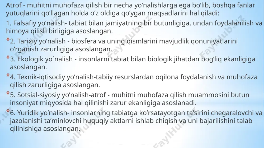 birlamchi hosilalarni oʻzlashtirishda ishtirok etuvchi jarayon), organik dunyoning paydo boʻlishi va taraqqiyoti taʼsirida tarkib topgan. tabiiy muhitning holati oʻzaro taʼsir etib turuvchi koʻp omillarning murakkab majmuida tarkib topgan tabiiy muvozanatga bogʻliq. 3 chunki bir joyning iqlimi quyosh nurining tushish burchagiga, yaʼni geografik kenglik, yer yuzasining tuzilishi, shamollar, okeanlarning uzoq yoki yaqinligi, oqimlari va boshqalarga; oʻsimliklar qoplami esa iqlim, yer yuzidagi togʻ jinslari, relyef, tuproqlarga bogʻliq. bu tabiiy omillarning birontasida oʻzgarish roʻy bersa, tabiiy muvozanat buziladi, bu esa tabiiy muhitda oʻzgarishlarga sabab boʻladi. baʼzan, tabiatning biror komponentiga koʻrsatilgan arzimagan taʼsir hech kutilmagan katta oʻzgarishlarga, xususan, xavfli oʻzgarishlarga olib kelishi mumkin. atrof - muhitni muhofaza qilish borasidagi davlat boshqaruvi sistemasi deganda davlat tashkilotlarining tabiiy resurslarni qayta tiklash, ulardan oqilona va tejamli foydalanish, atrof - muhitni muhofaza qilish sohasidagi masalalarni hal qilish uchun qaratilgan tashkiliy faoliyatlari tushuniladi. tabiatni muhofaza qilish davlat qoʼmitasi 1988 yil tashkil qilinib, atrof - muhitni muhofaza qilish, tabiiy resurslardan …