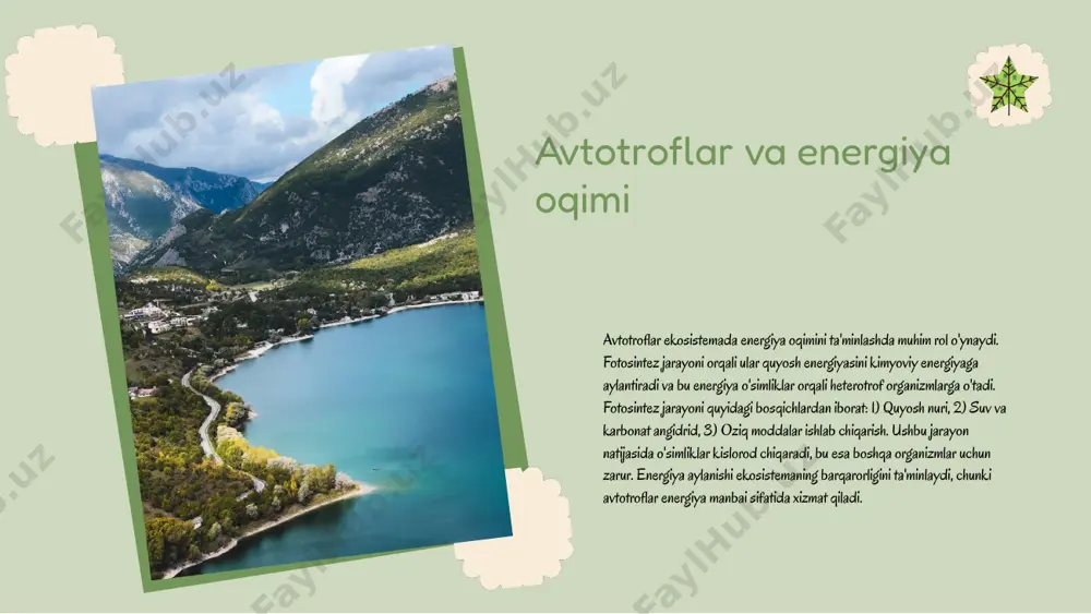 itlar ekosistemada organik moddalarning parchalanishida muhim rol o'ynaydi, parazitlar esa o'z mezbonlarini zaiflashtirib, ularning hayotiyligini kamaytirishlari mumkin. saprofitlar va parazitlar: misollar saprofitlar va parazitlar ekosistemada muhim rol o'ynaydi. saprofitlar, masalan, chiriyotganlar, organik moddalarni parchalaydi va tuproqning unumdorligini oshiradi. parazitlar, masalan, qurtlar, boshqa organizmlardan oziqlanadi va ularning salomatligiga ta'sir ko'rsatadi. har ikkala guruh ham ekosistema muvozanatini saqlashda o'ziga xos ahamiyatga ega. xulosa avtotroflar va geterotroflar ekosistemada energiya va oziq moddalarning aylanishida muhim rol o'ynaydi. saprofitlar va parazitlar o'rtasidagi farqlarni tushunish, ularning ekosistemadagi o'rni va ahamiyatini ta'kidlaydi. shuningdek, avtotroflar va geterotroflar inson faoliyatida, ayniqsa qishloq xo'jaligi va biotexnologiyada muhim ahamiyatga ega. har bir organizmning ekologik muvozanatni saqlashdagi roli, kelajakda ularni muhofaza qilish zaruratini ko'rsatadi. e'tiboringiz uchun raxmat designed by slides carnival image1.png image2.png image3.png image4.png image5.png image6.png image7.png image16.jpeg image8.png image9.png image10.png image11.png image12.png